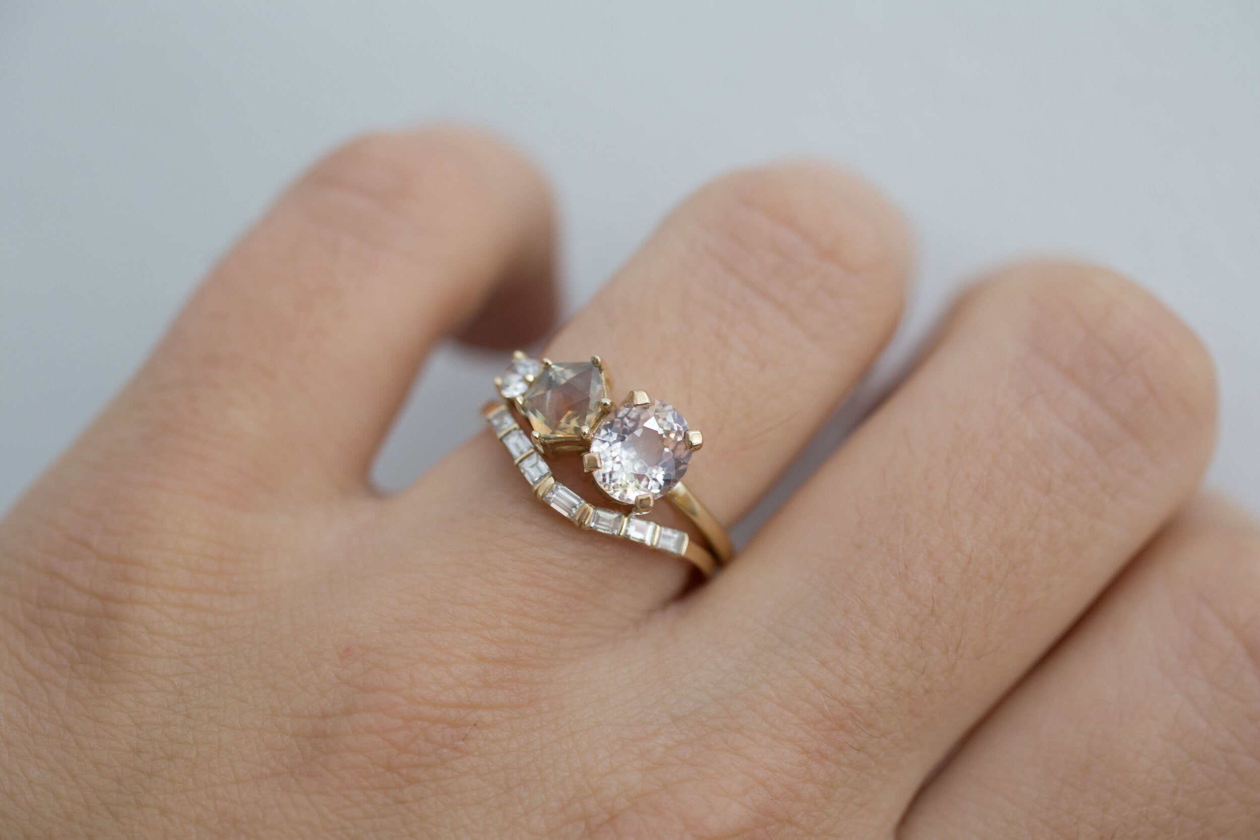 Lavender Oval Sapphire + Geocut Montana Sapphire + Diamond Cluster Engagement Ring | 14k Recycled Yellow Gold | One of a Kind