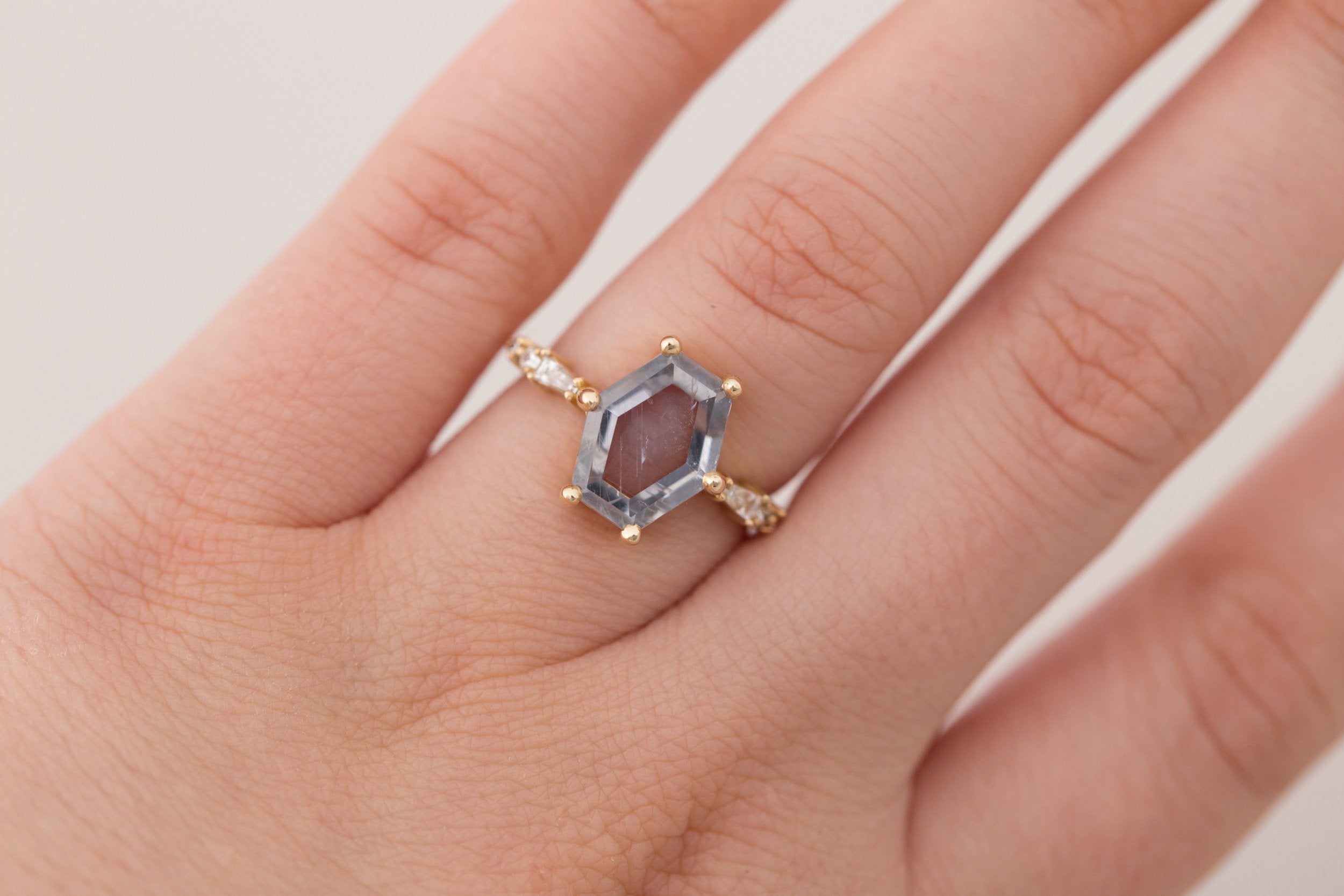 Liesel Ring | Grey Hexagonal Portrait Cut Sapphire + Diamond Baguette Accent Engagement Ring 3.81 ct | 14k Recycled Gold | One of a Kind