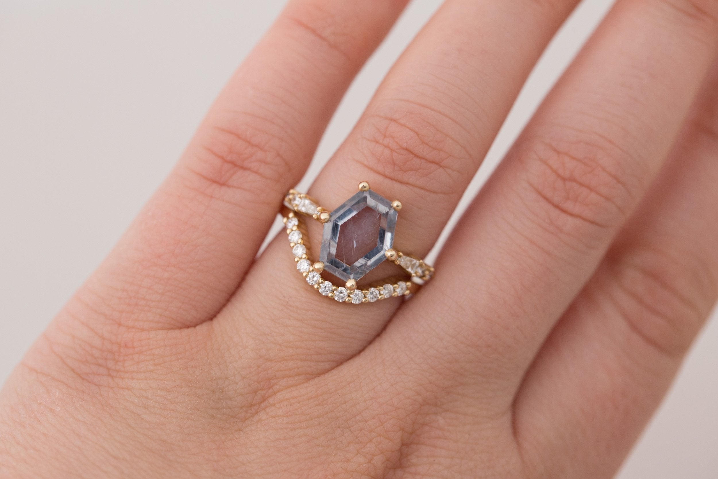 Liesel Ring | Grey Hexagonal Portrait Cut Sapphire + Diamond Baguette Accent Engagement Ring 3.81 ct | 14k Recycled Gold | One of a Kind