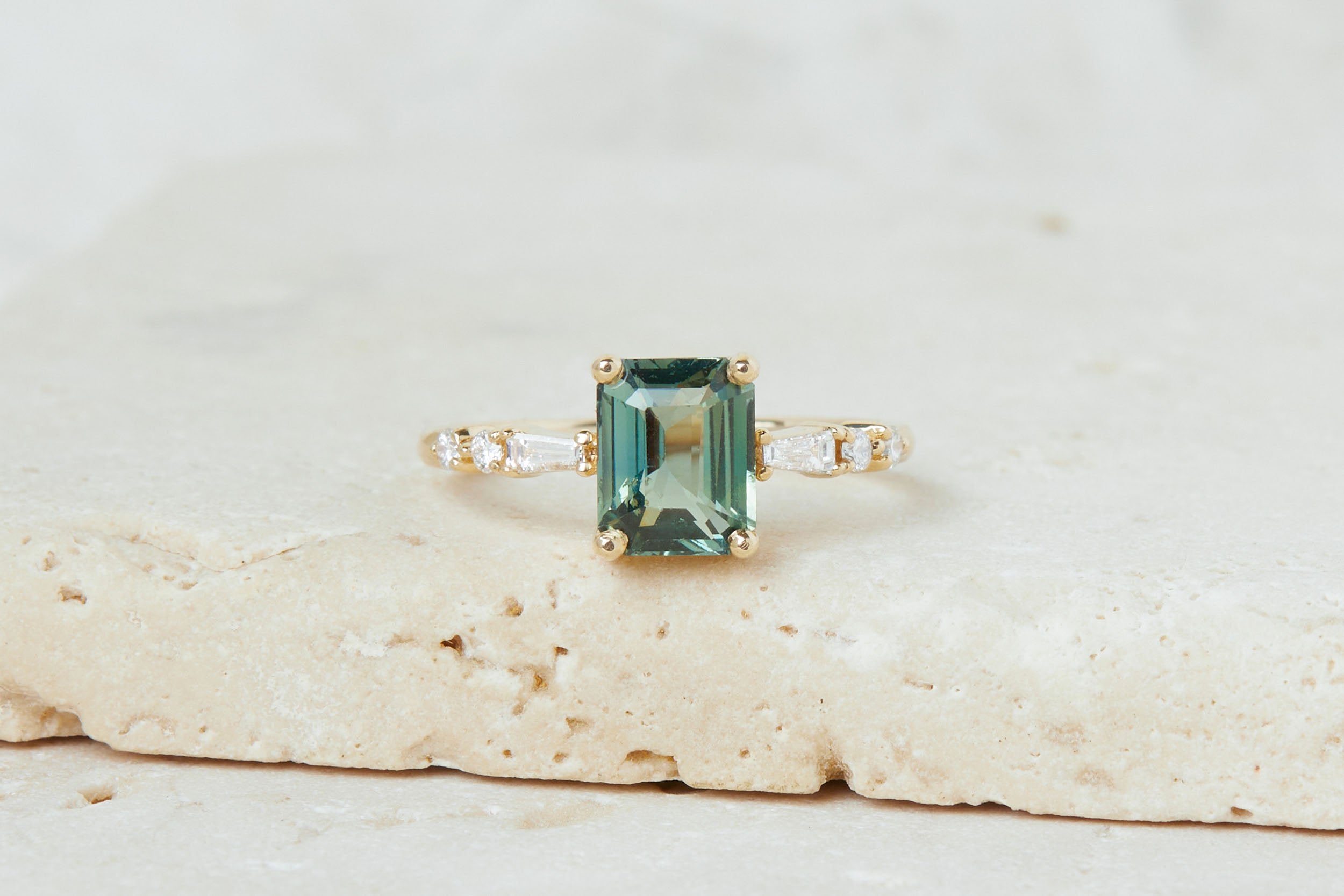 Liesel Ring | Teal Emerald Cut Sapphire + Diamond Baguette Accent Engagement Ring 2.05 ct | 14k Recycled Gold | One of a Kind