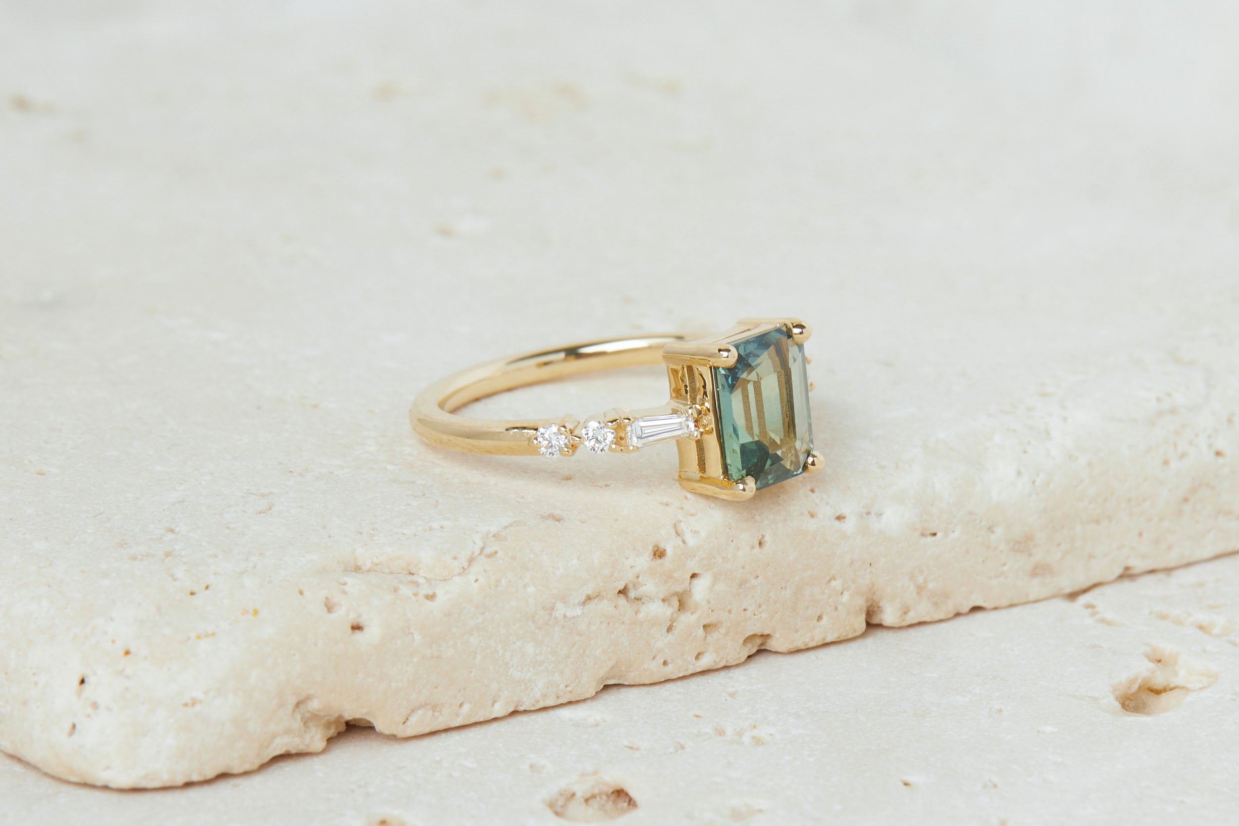 Liesel Ring | Teal Emerald Cut Sapphire + Diamond Baguette Accent Engagement Ring 2.05 ct | 14k Recycled Gold | One of a Kind