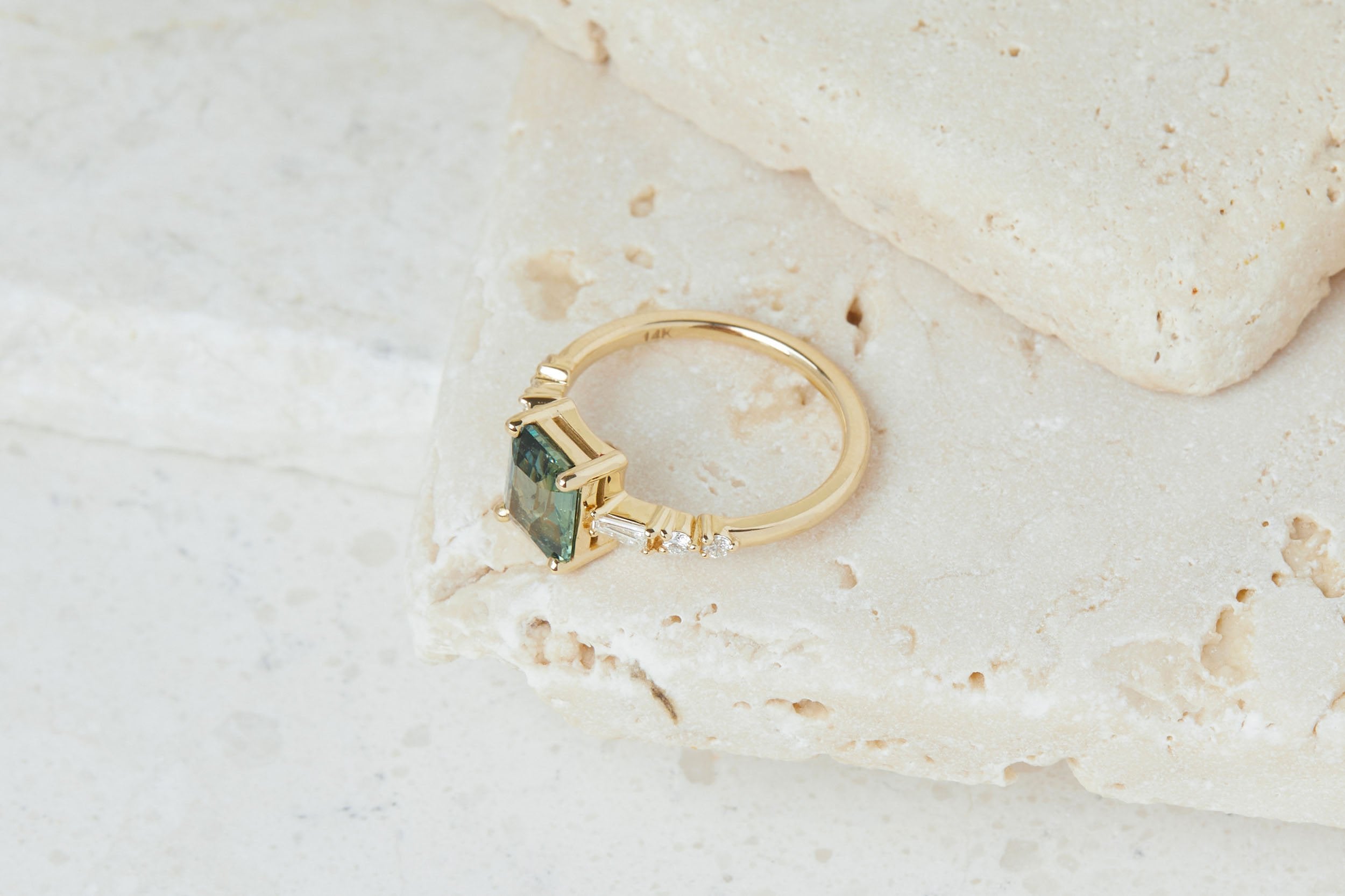 Liesel Ring | Teal Emerald Cut Sapphire + Diamond Baguette Accent Engagement Ring 2.05 ct | 14k Recycled Gold | One of a Kind