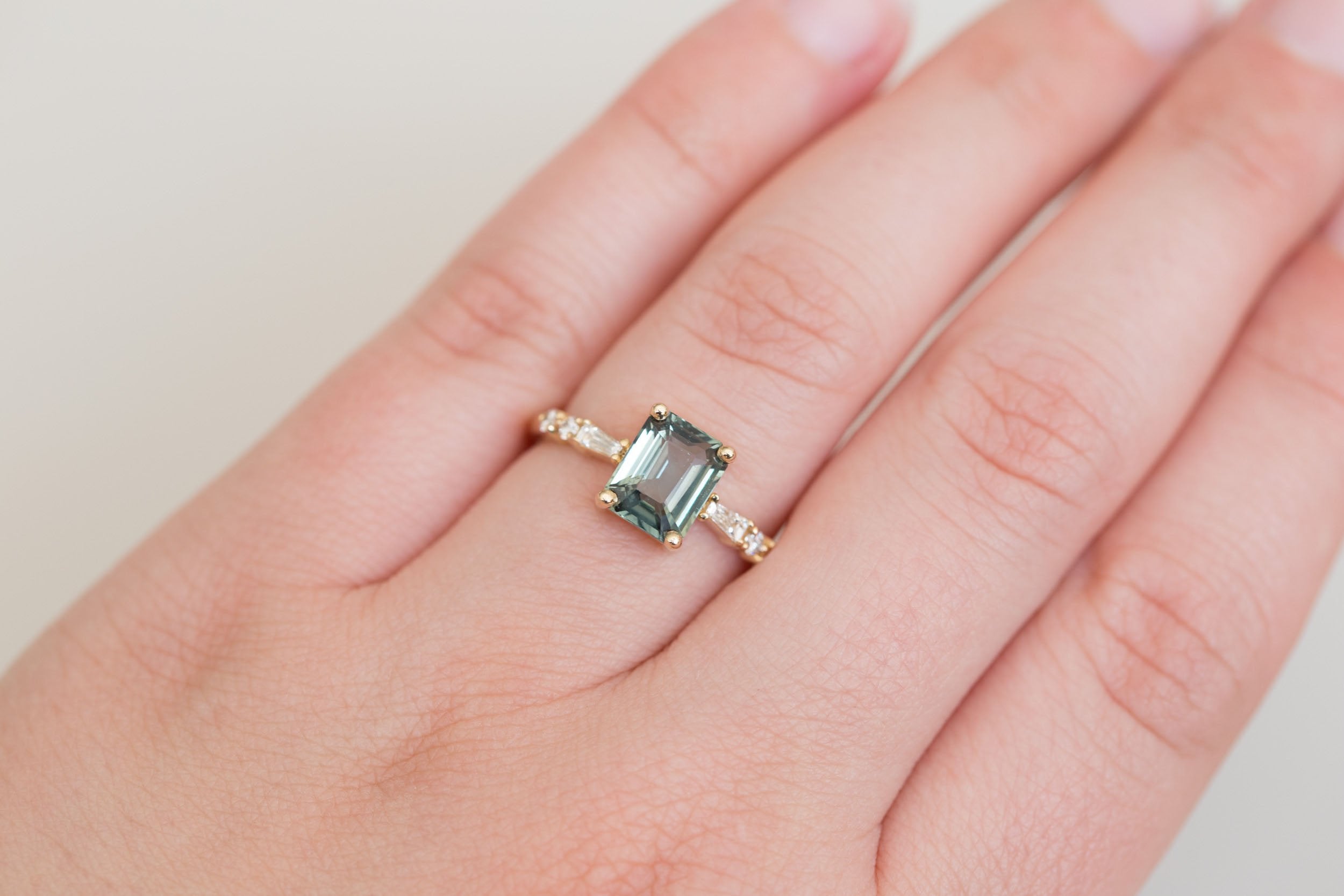 Liesel Ring | Teal Emerald Cut Sapphire + Diamond Baguette Accent Engagement Ring 2.05 ct | 14k Recycled Gold | One of a Kind