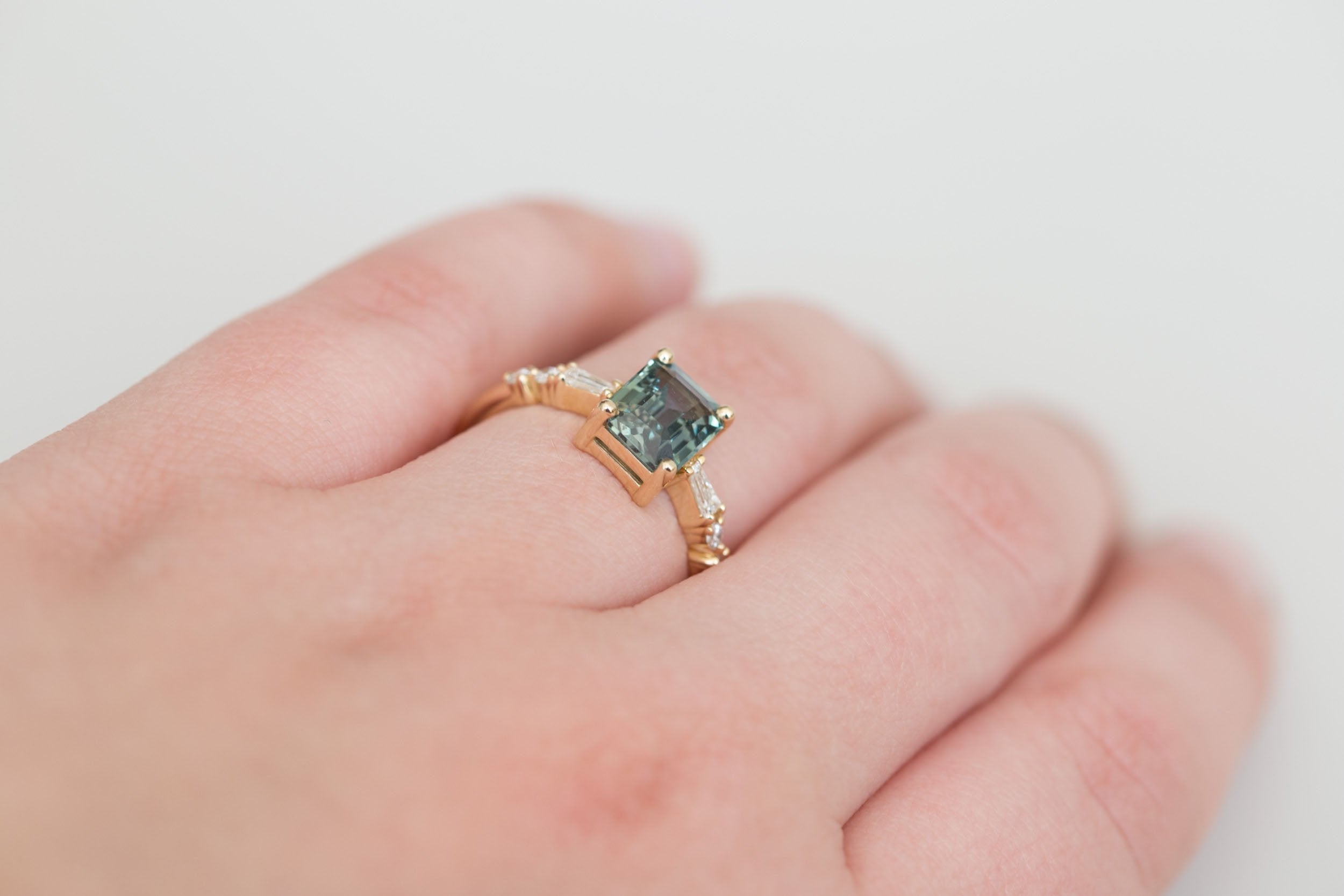 Liesel Ring | Teal Emerald Cut Sapphire + Diamond Baguette Accent Engagement Ring 2.05 ct | 14k Recycled Gold | One of a Kind