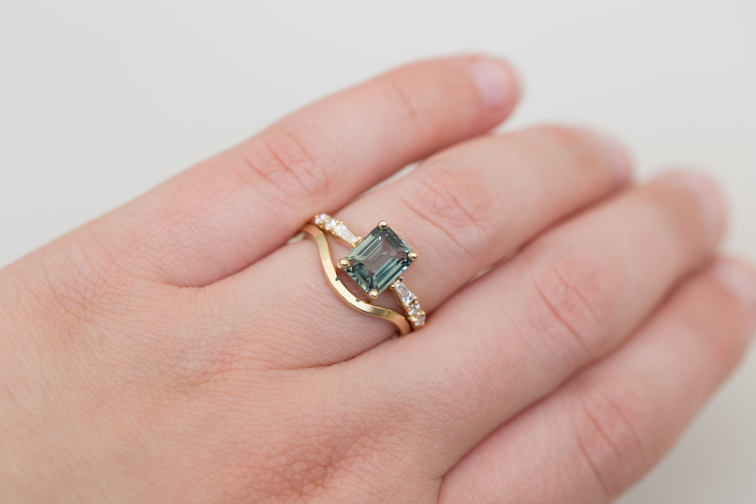 Liesel Ring | Teal Emerald Cut Sapphire + Diamond Baguette Accent Engagement Ring 2.05 ct | 14k Recycled Gold | One of a Kind