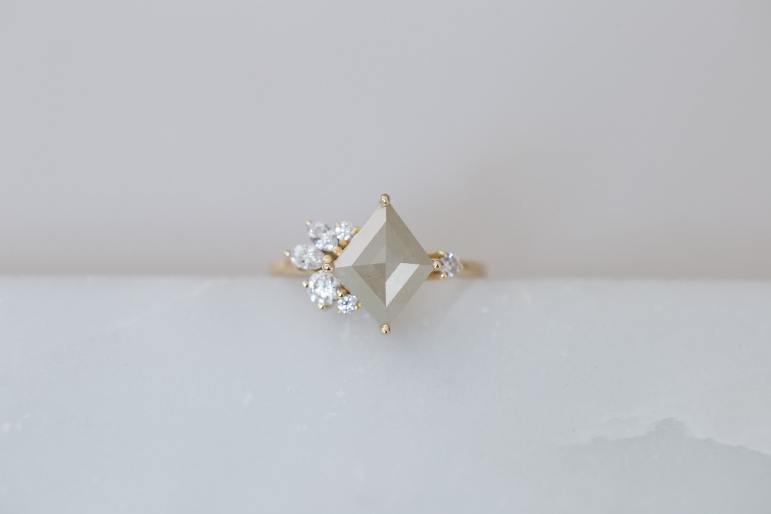 Alden Ring | Grey Diamond Rhombus + Diamond Cluster Engagement Ring | 14k Recycled Gold | One of a Kind