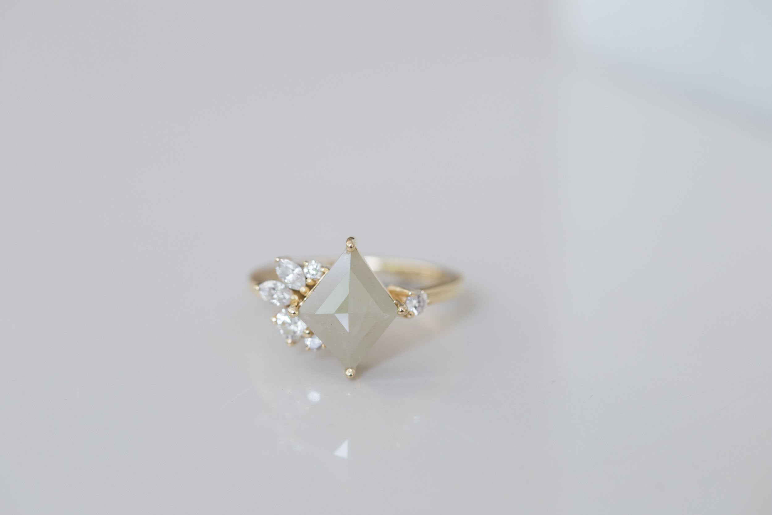 Alden Ring | Grey Diamond Rhombus + Diamond Cluster Engagement Ring | 14k Recycled Gold | One of a Kind