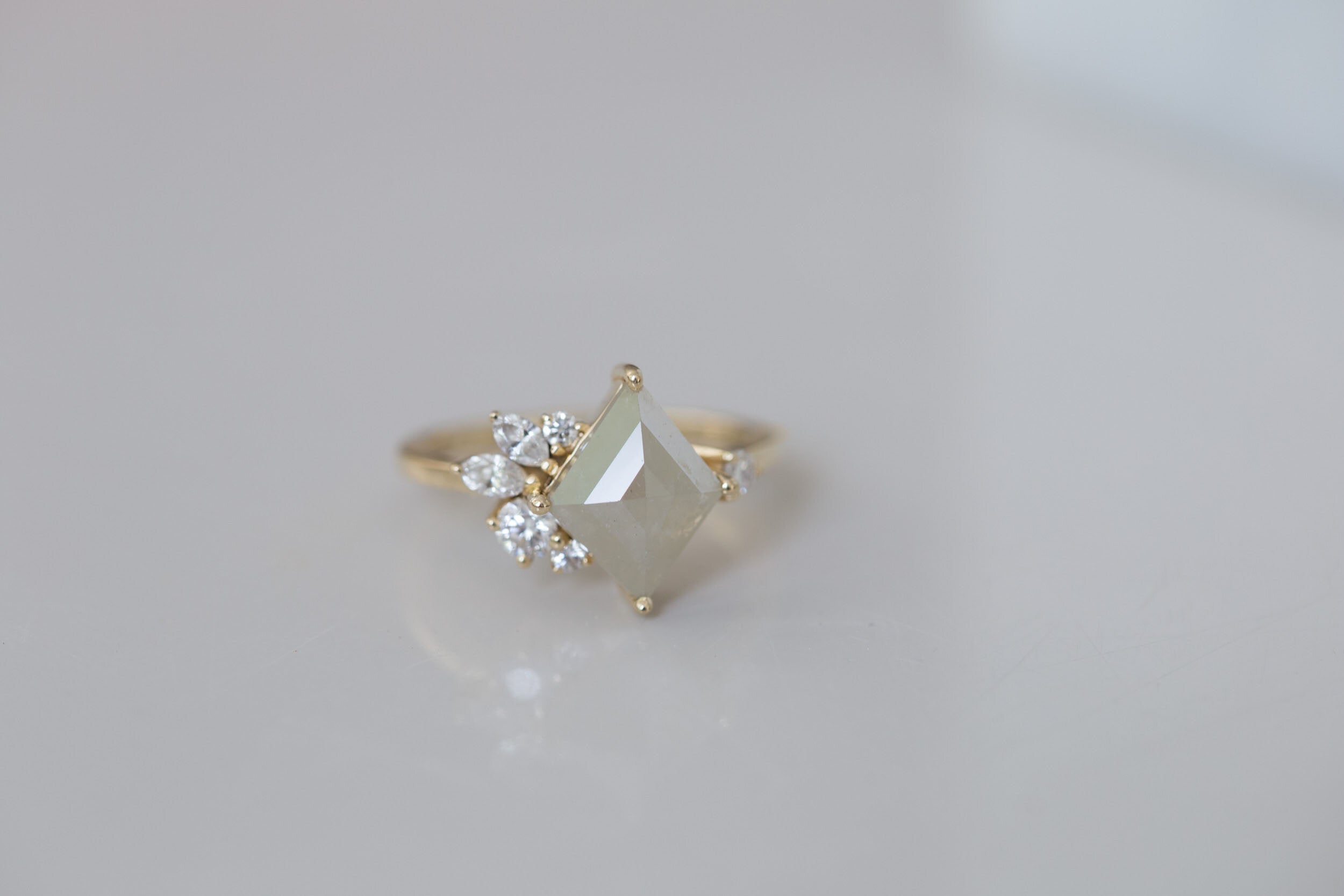 Alden Ring | Grey Diamond Rhombus + Diamond Cluster Engagement Ring | 14k Recycled Gold | One of a Kind