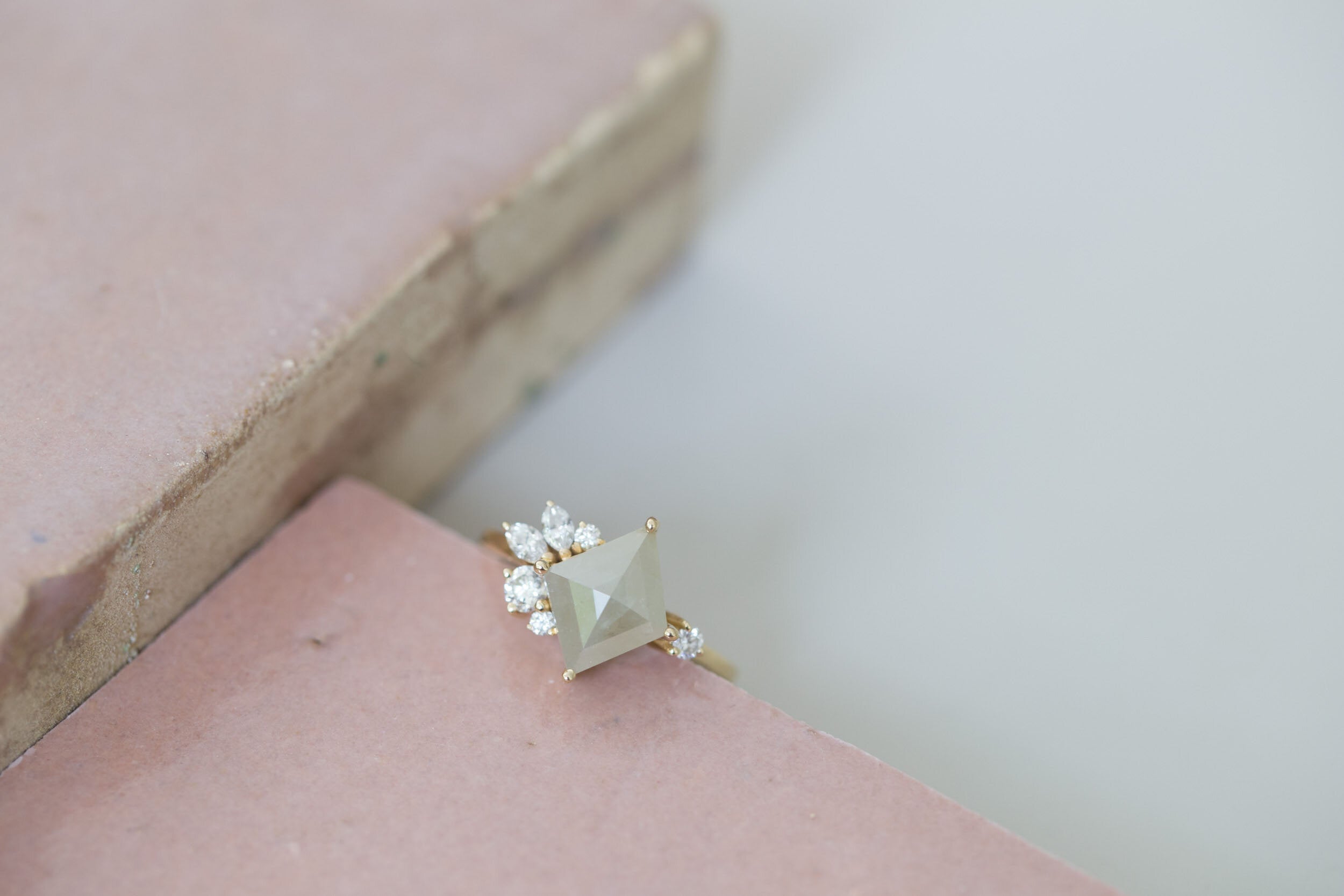 Alden Ring | Grey Diamond Rhombus + Diamond Cluster Engagement Ring | 14k Recycled Gold | One of a Kind