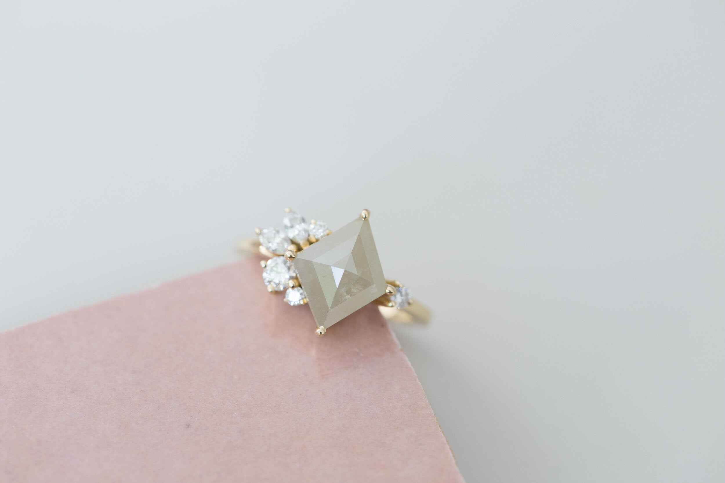Alden Ring | Grey Diamond Rhombus + Diamond Cluster Engagement Ring | 14k Recycled Gold | One of a Kind