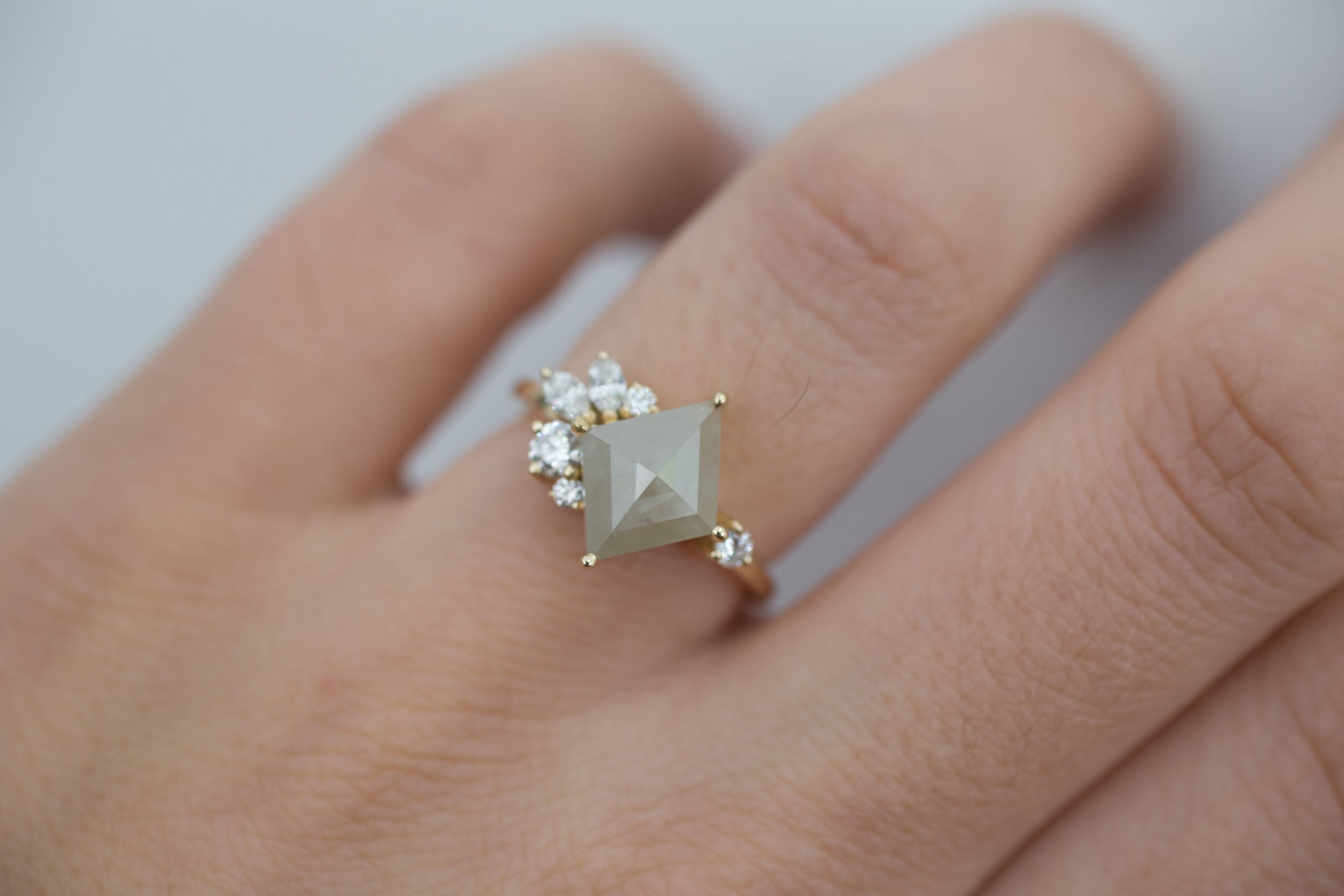 Alden Ring | Grey Diamond Rhombus + Diamond Cluster Engagement Ring | 14k Recycled Gold | One of a Kind