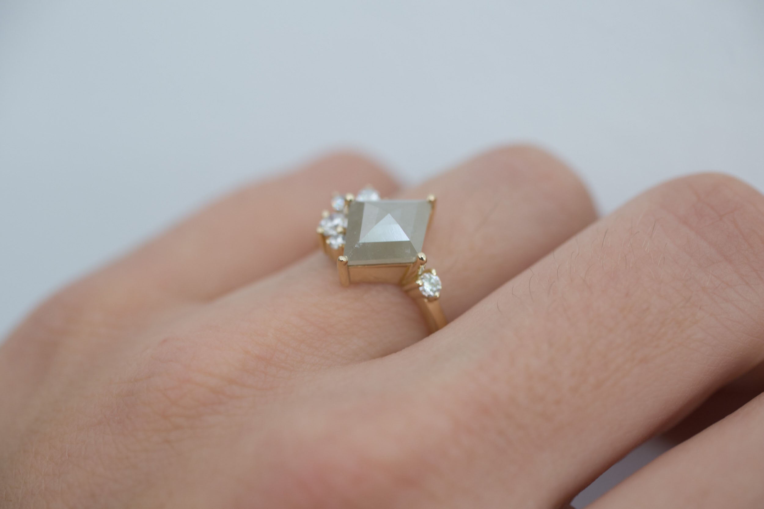 Alden Ring | Grey Diamond Rhombus + Diamond Cluster Engagement Ring | 14k Recycled Gold | One of a Kind