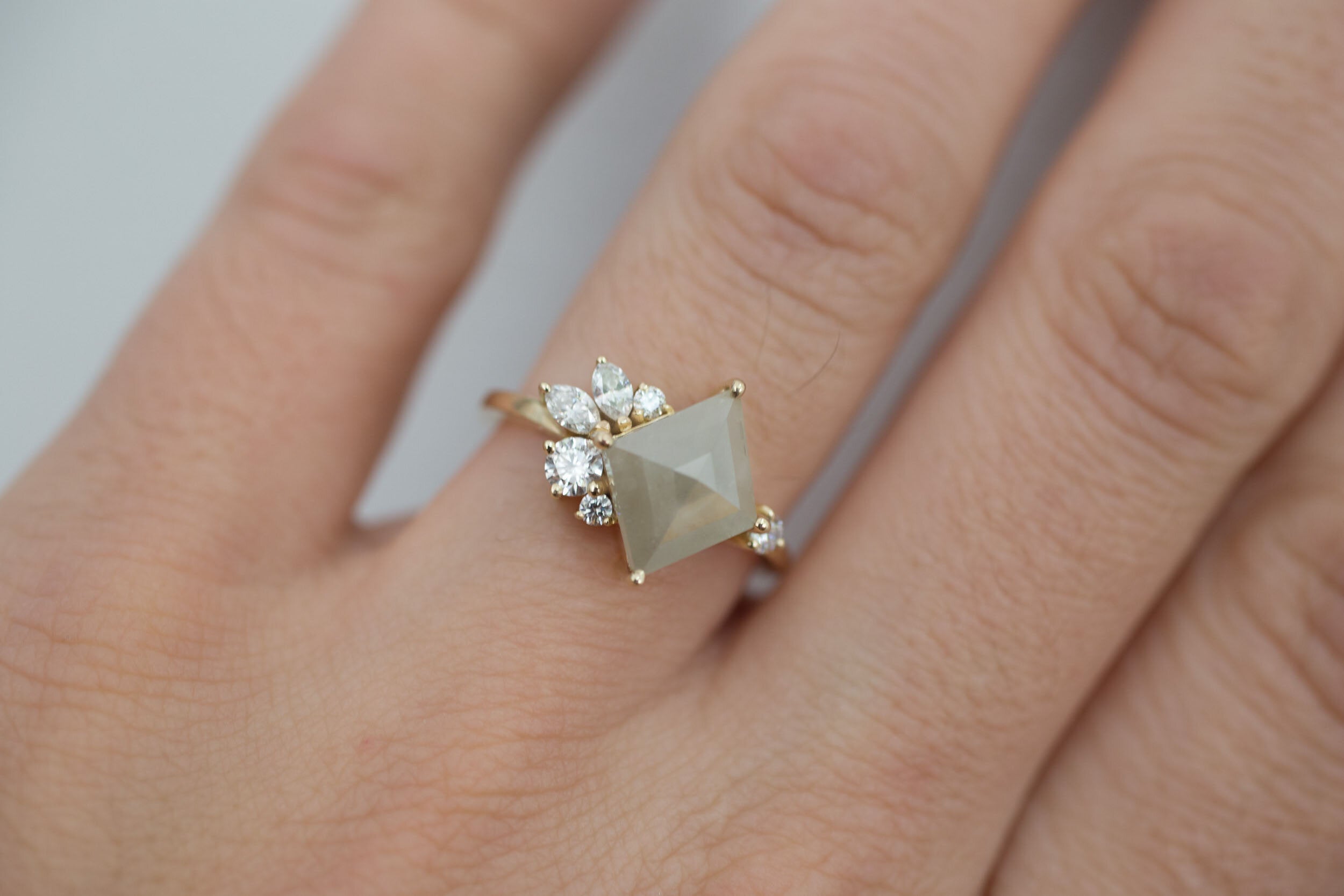 Alden Ring | Grey Diamond Rhombus + Diamond Cluster Engagement Ring | 14k Recycled Gold | One of a Kind
