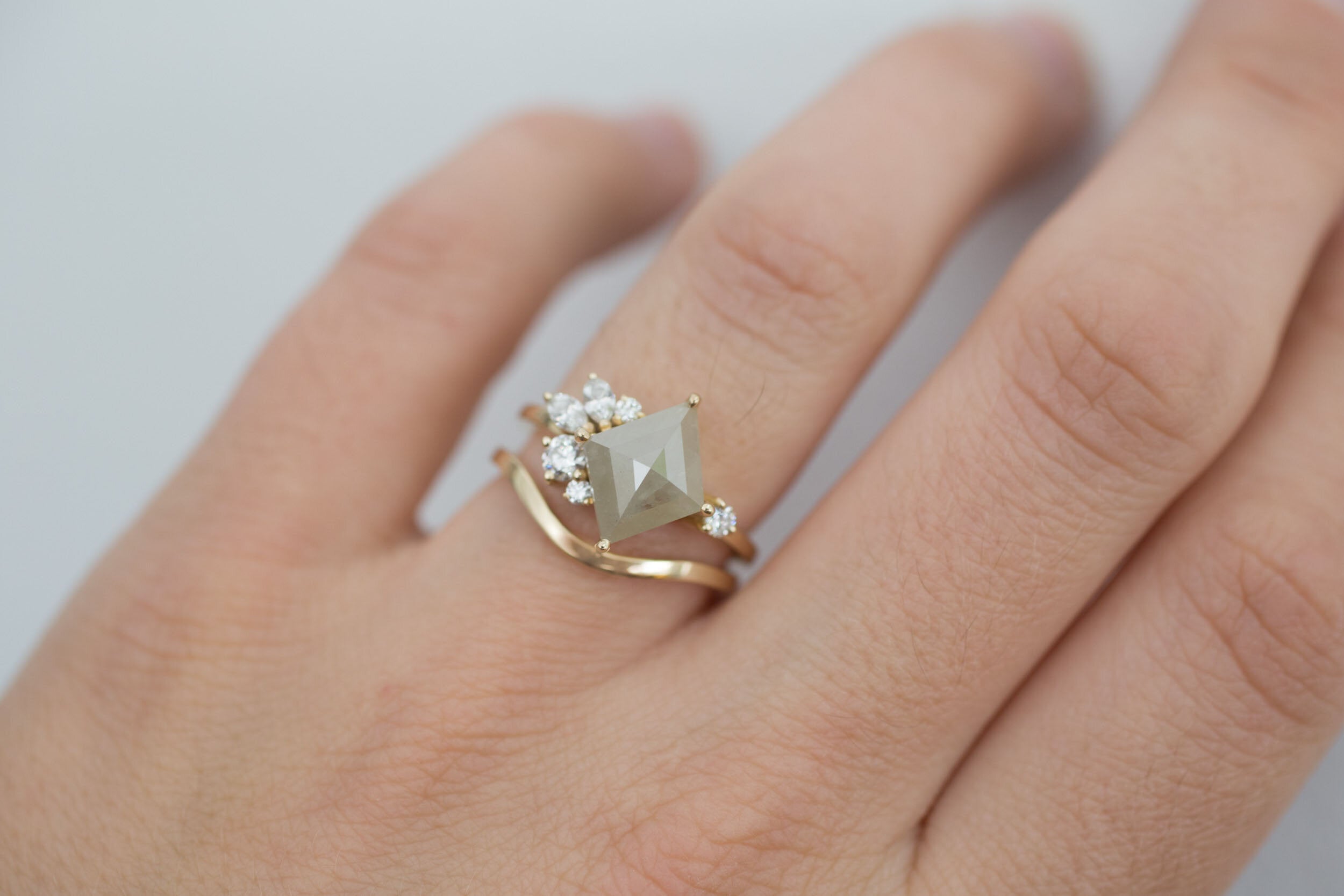 Alden Ring | Grey Diamond Rhombus + Diamond Cluster Engagement Ring | 14k Recycled Gold | One of a Kind