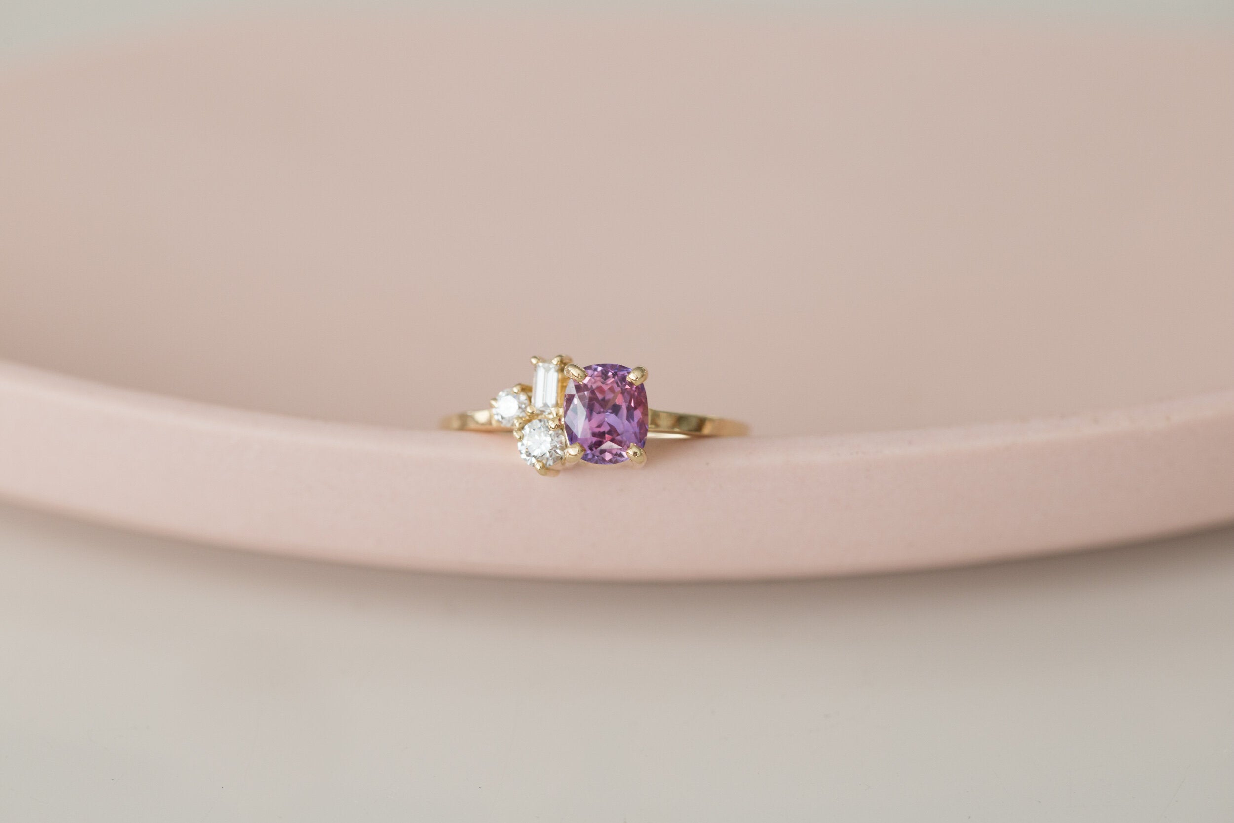 Bicolor Magenta Sapphire + Baguette and Round Diamond Cluster Engagement Ring | 14k Recycled Gold | One of a Kind