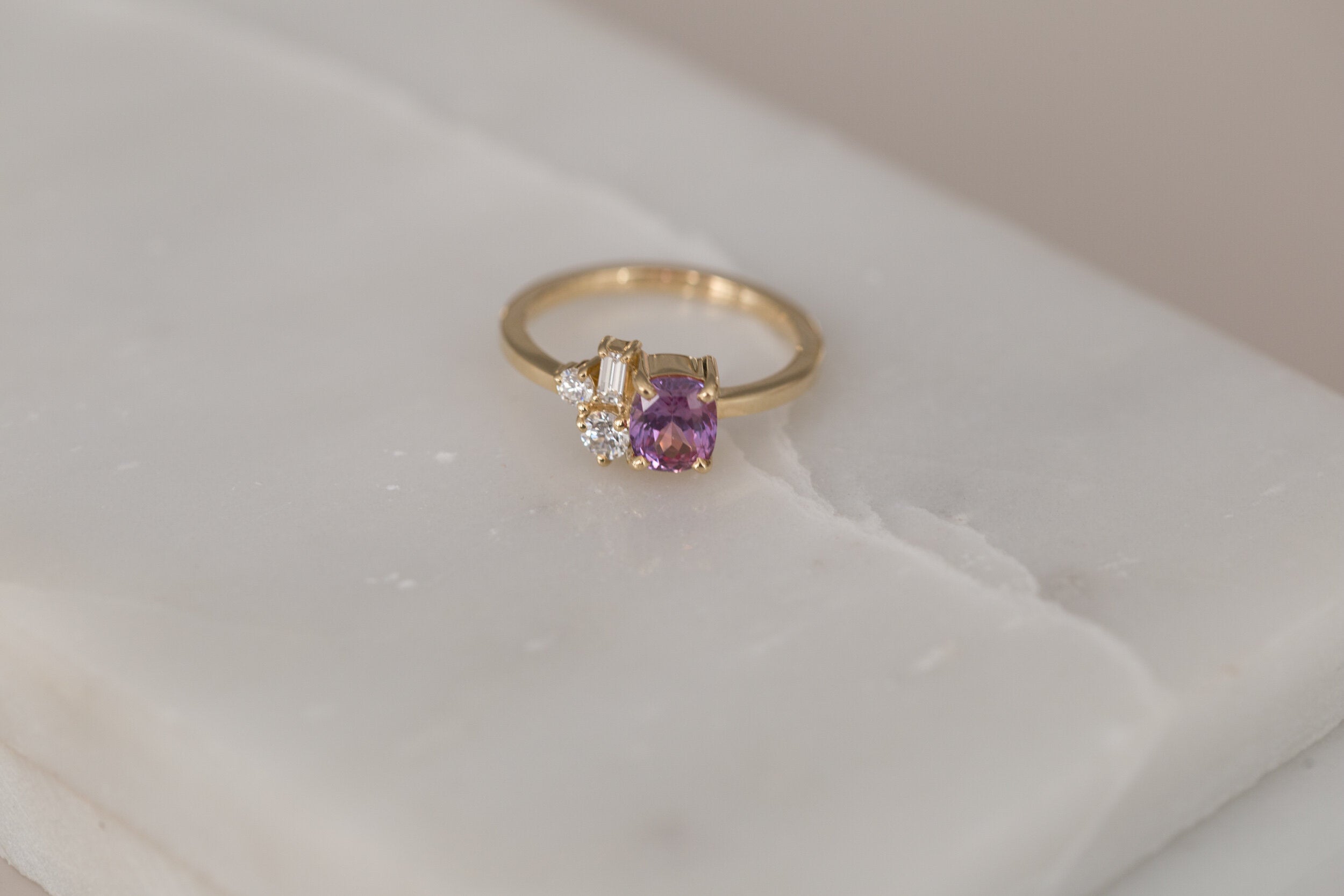 Bicolor Magenta Sapphire + Baguette and Round Diamond Cluster Engagement Ring | 14k Recycled Gold | One of a Kind