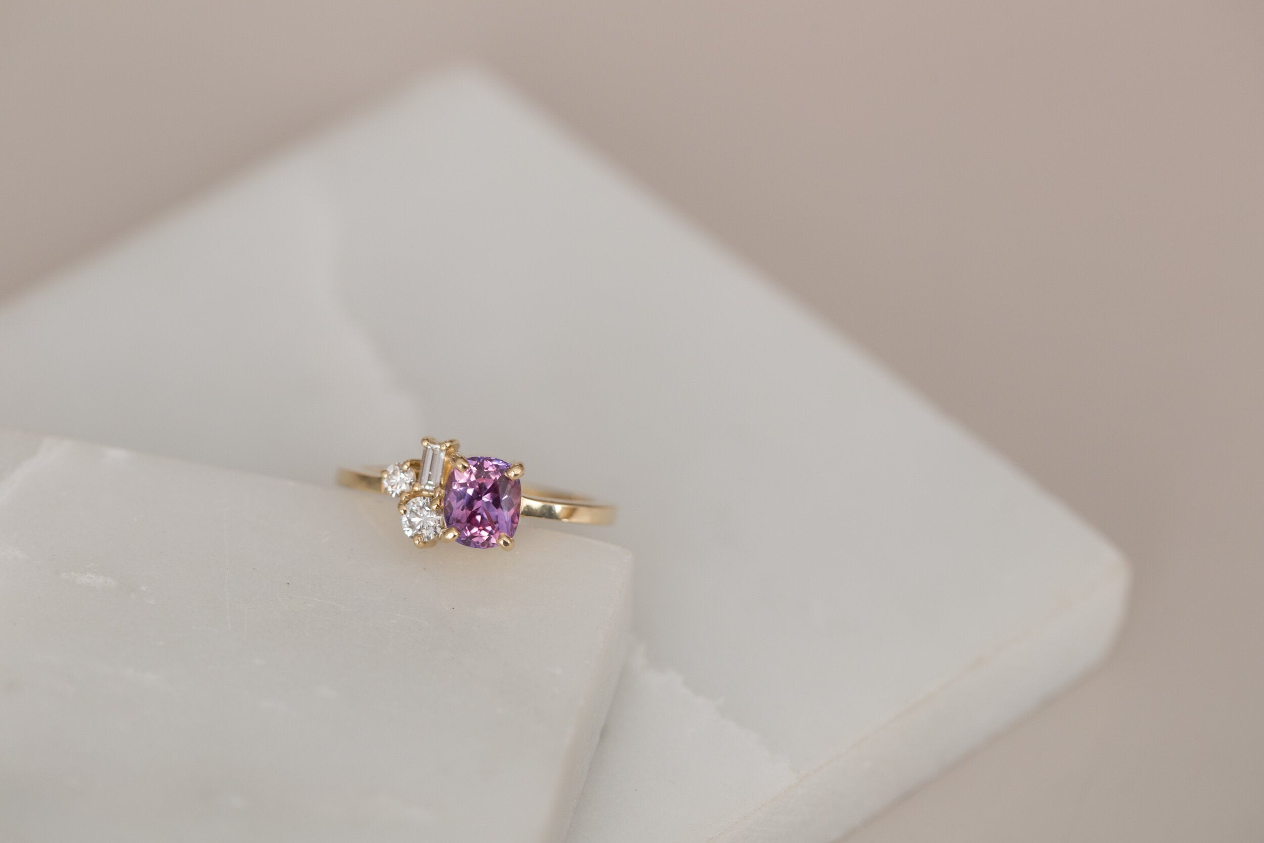 Bicolor Magenta Sapphire + Baguette and Round Diamond Cluster Engagement Ring | 14k Recycled Gold | One of a Kind