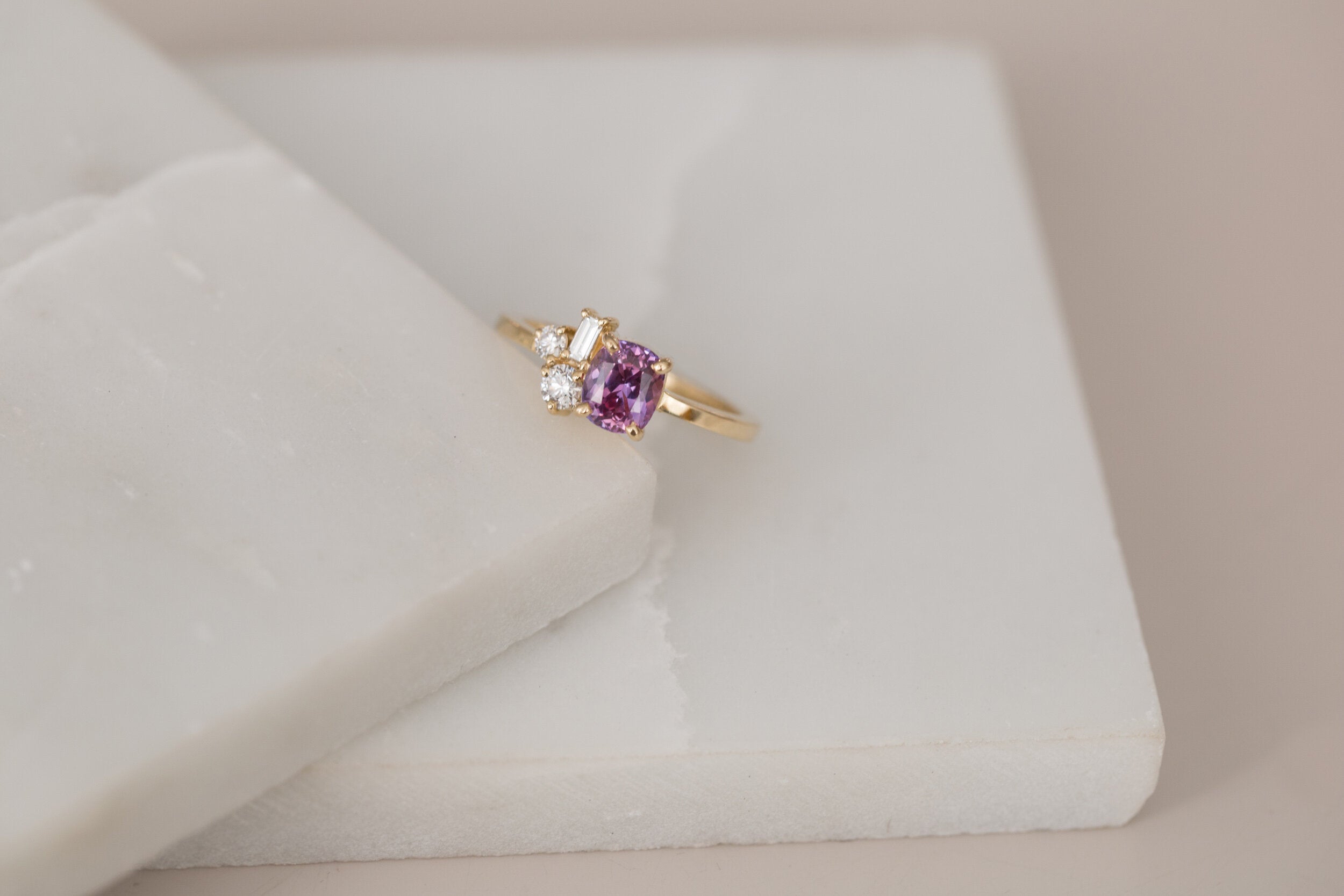 Bicolor Magenta Sapphire + Baguette and Round Diamond Cluster Engagement Ring | 14k Recycled Gold | One of a Kind