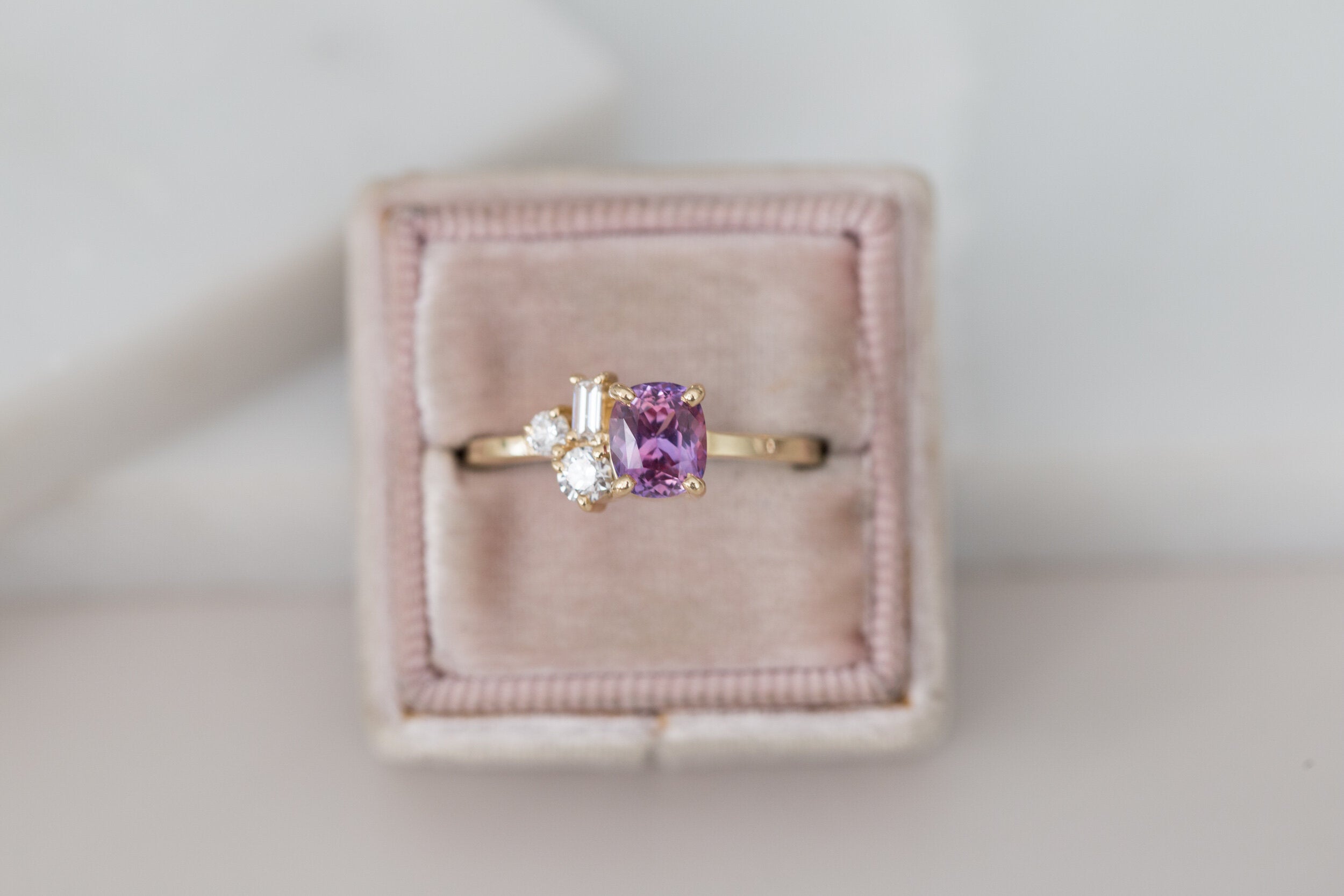 Bicolor Magenta Sapphire + Baguette and Round Diamond Cluster Engagement Ring | 14k Recycled Gold | One of a Kind