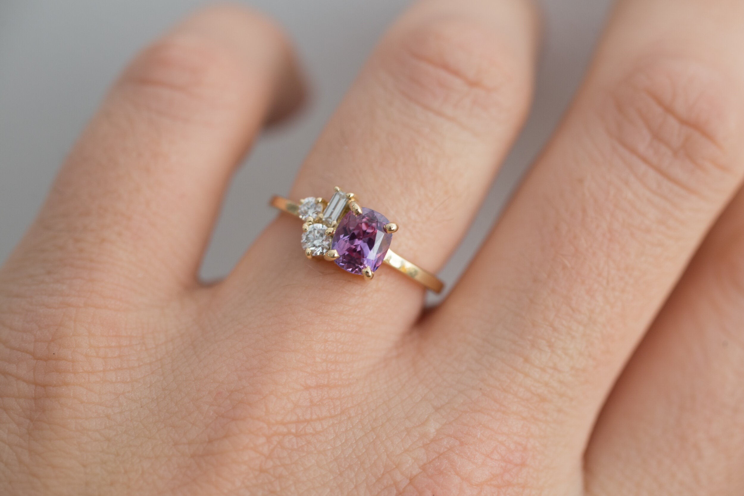 Bicolor Magenta Sapphire + Baguette and Round Diamond Cluster Engagement Ring | 14k Recycled Gold | One of a Kind