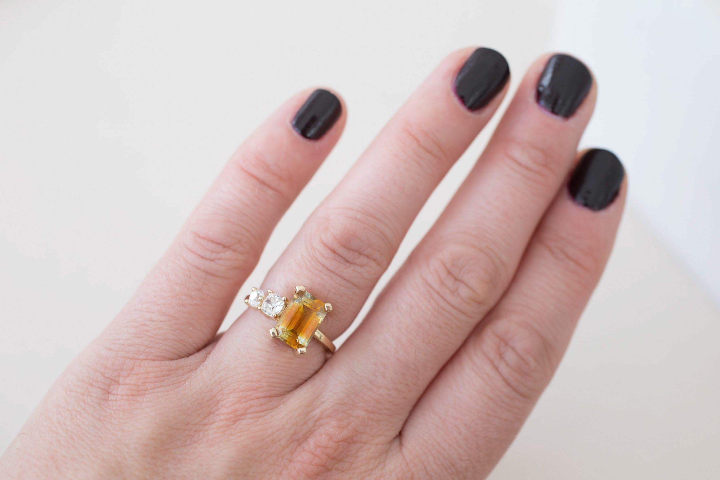 Fern Ring | Bicolor Emerald Cut Sapphire + Antique Diamonds Engagement Ring 3.35 ct | 14k Recycled Gold | One of a Kind