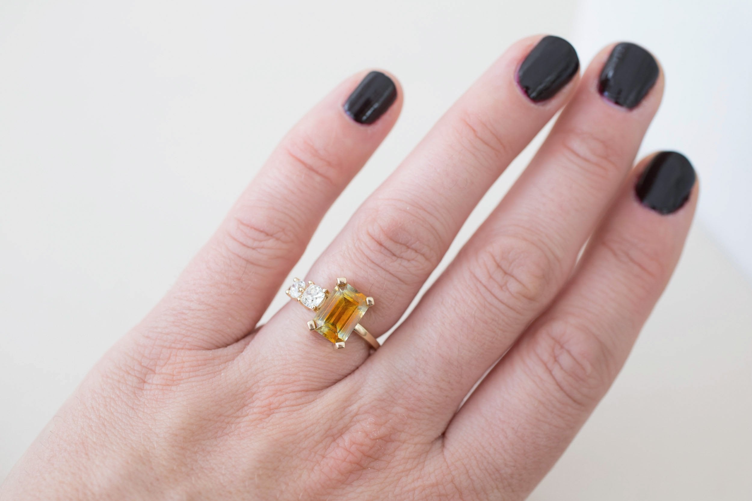 Fern Ring | Bicolor Emerald Cut Sapphire + Antique Diamonds Engagement Ring 3.35 ct | 14k Recycled Gold | One of a Kind