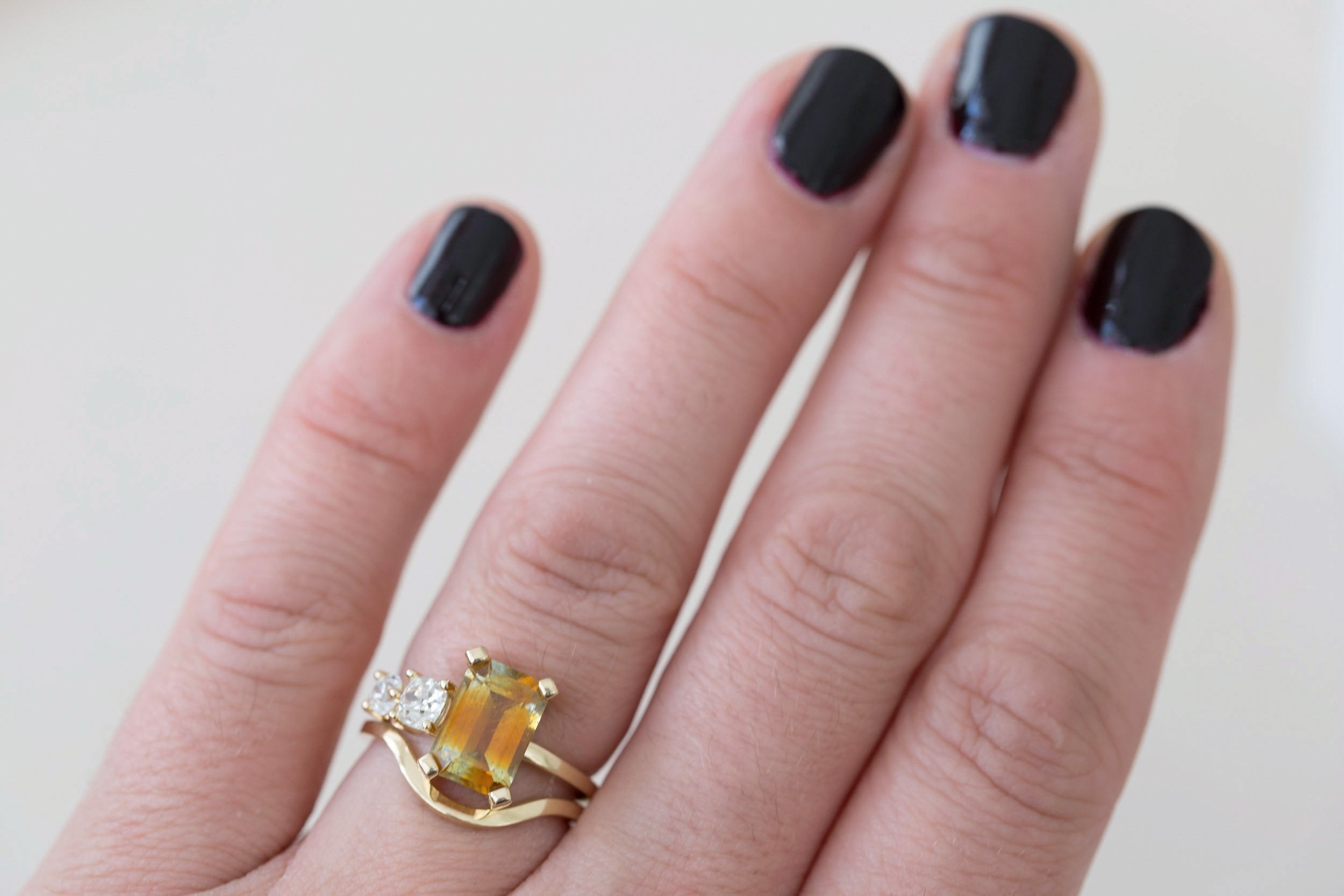 Fern Ring | Bicolor Emerald Cut Sapphire + Antique Diamonds Engagement Ring 3.35 ct | 14k Recycled Gold | One of a Kind