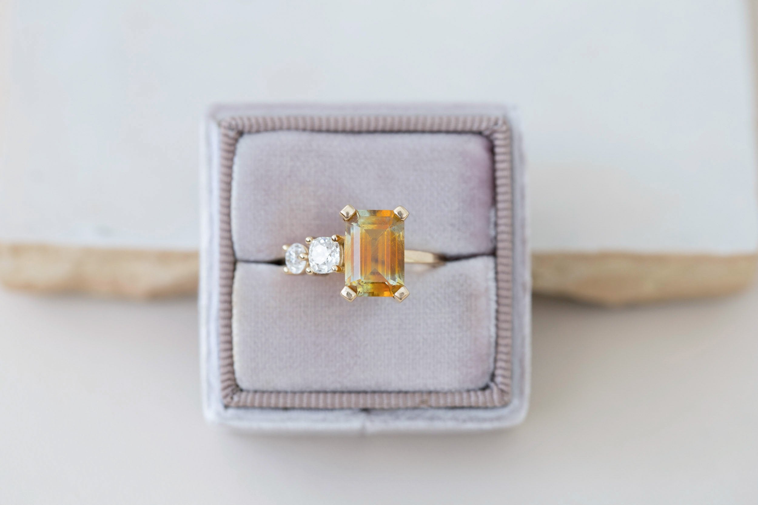 Fern Ring | Bicolor Emerald Cut Sapphire + Antique Diamonds Engagement Ring 3.35 ct | 14k Recycled Gold | One of a Kind