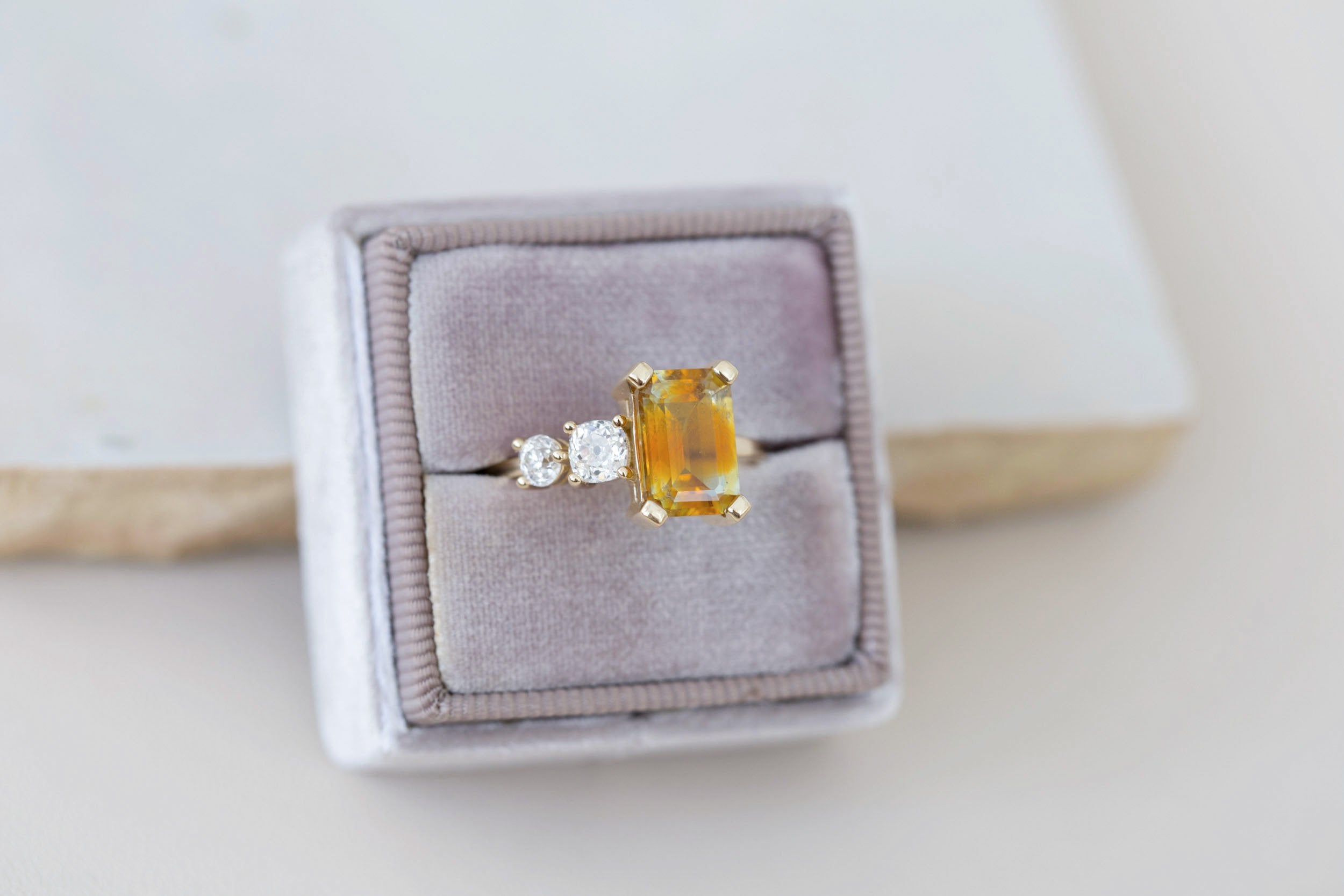 Fern Ring | Bicolor Emerald Cut Sapphire + Antique Diamonds Engagement Ring 3.35 ct | 14k Recycled Gold | One of a Kind