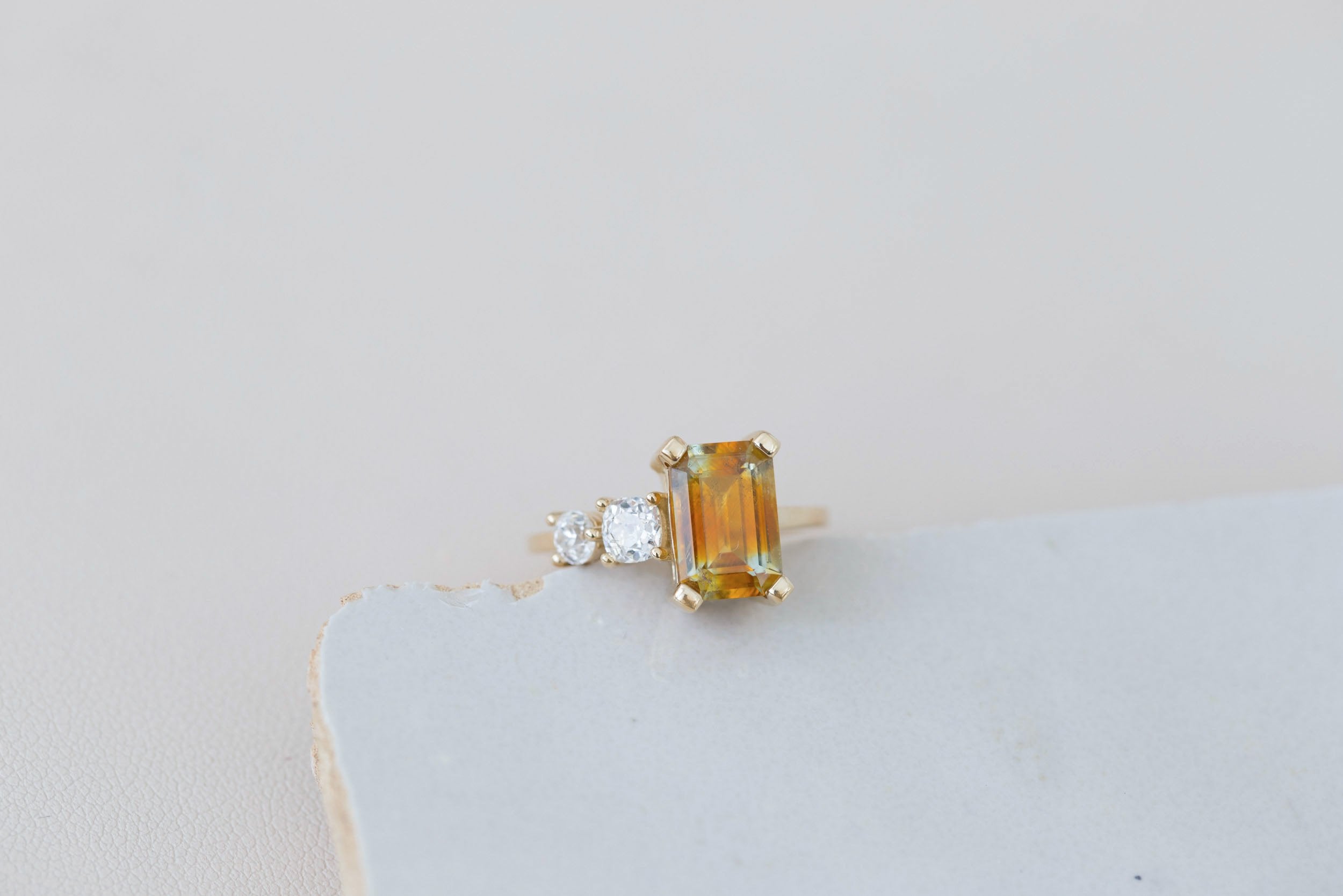 Fern Ring | Bicolor Emerald Cut Sapphire + Antique Diamonds Engagement Ring 3.35 ct | 14k Recycled Gold | One of a Kind