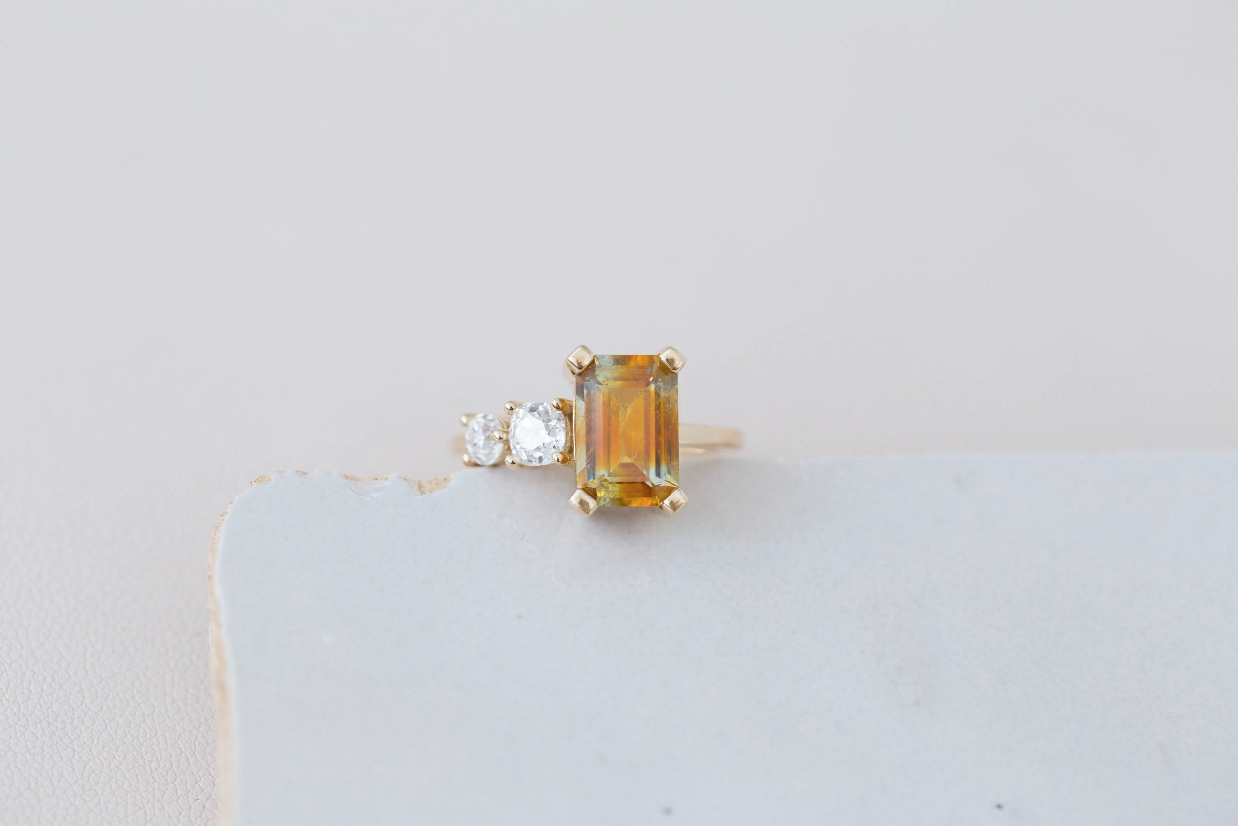 Fern Ring | Bicolor Emerald Cut Sapphire + Antique Diamonds Engagement Ring 3.35 ct | 14k Recycled Gold | One of a Kind