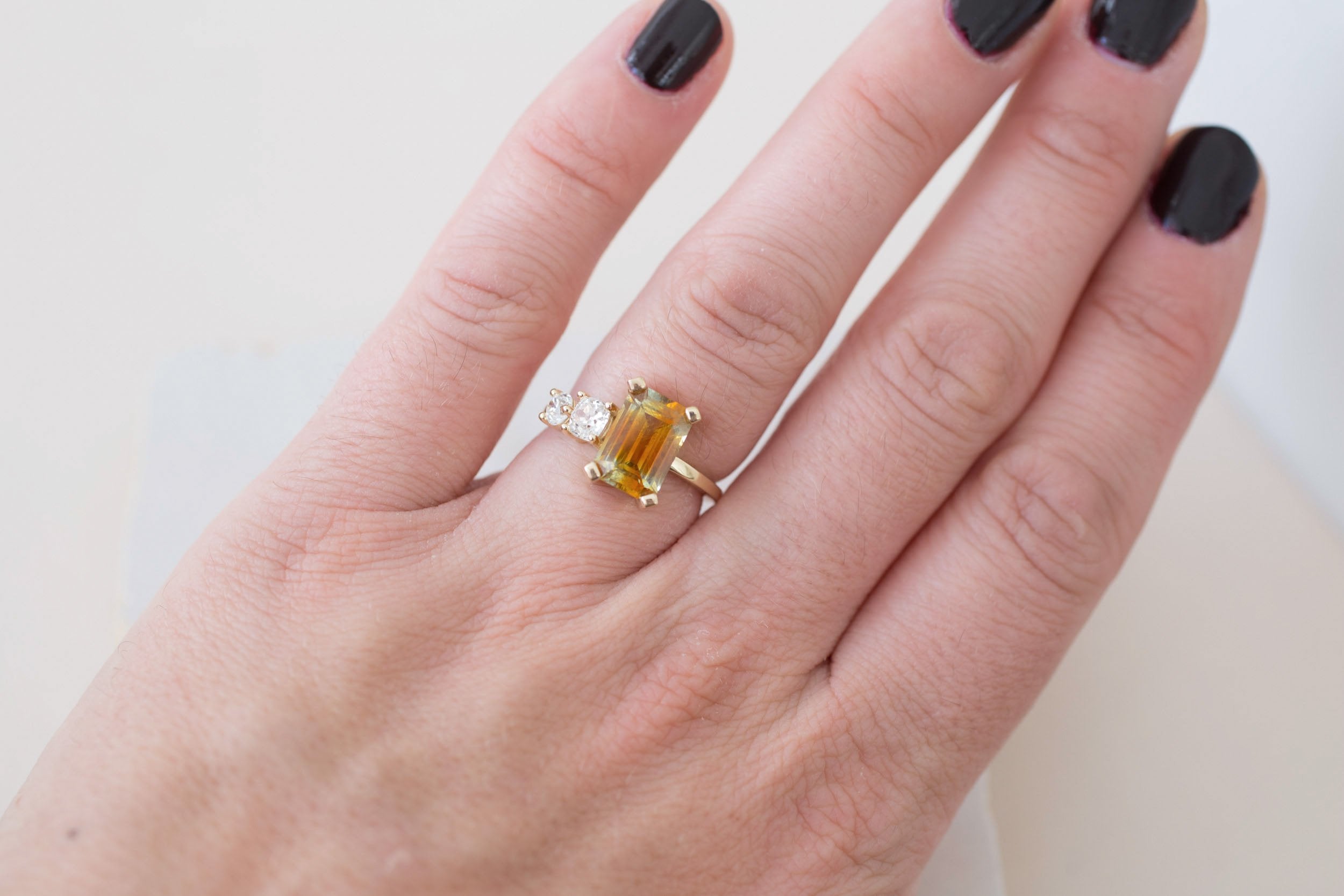 Fern Ring | Bicolor Emerald Cut Sapphire + Antique Diamonds Engagement Ring 3.35 ct | 14k Recycled Gold | One of a Kind