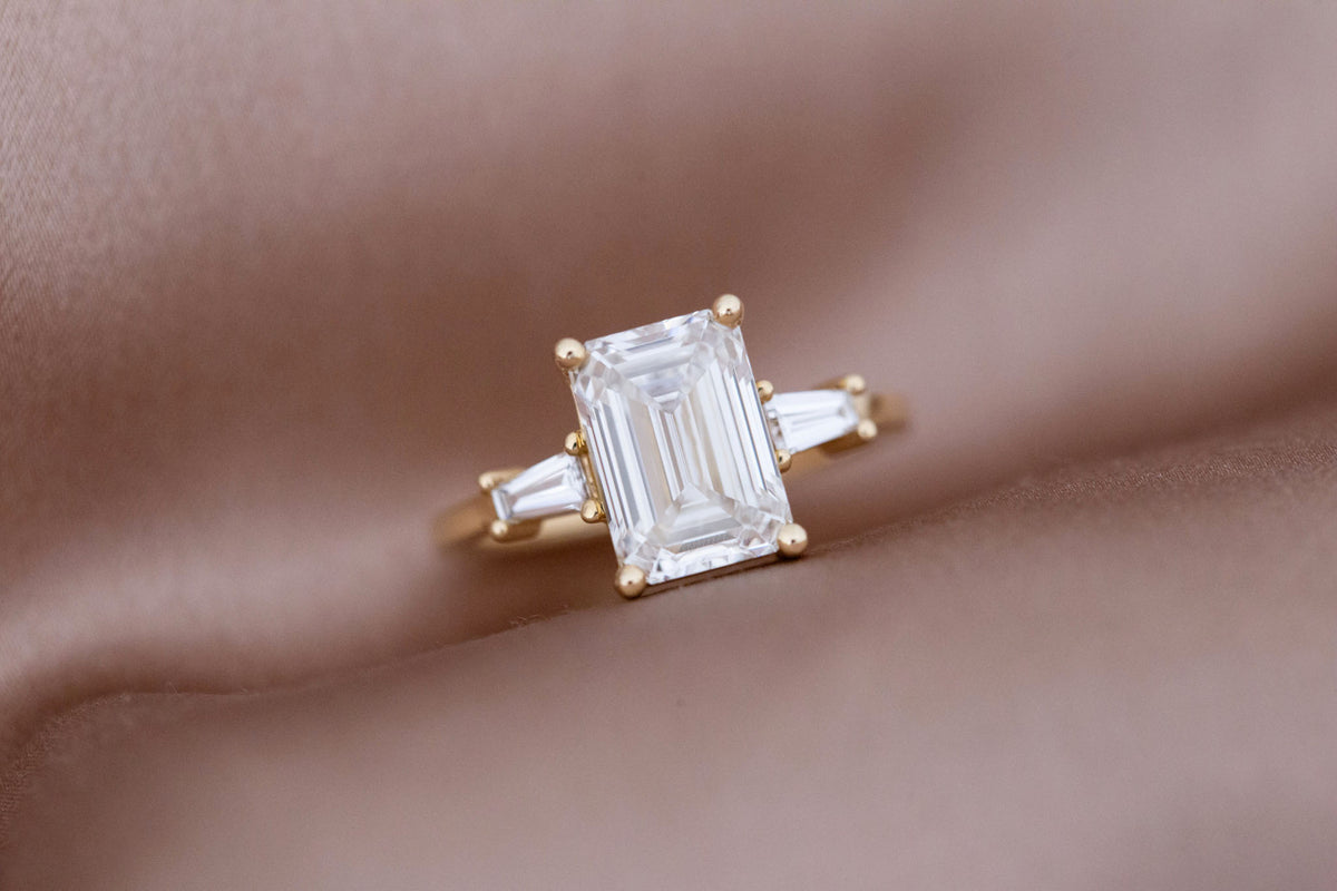 Marlowe Ring | Lab Emerald Cut Diamond + Tapered Baguette Lab Diamond Accent Engagement Ring 3.05 ct | 14k Recycled Gold | One of a Kind