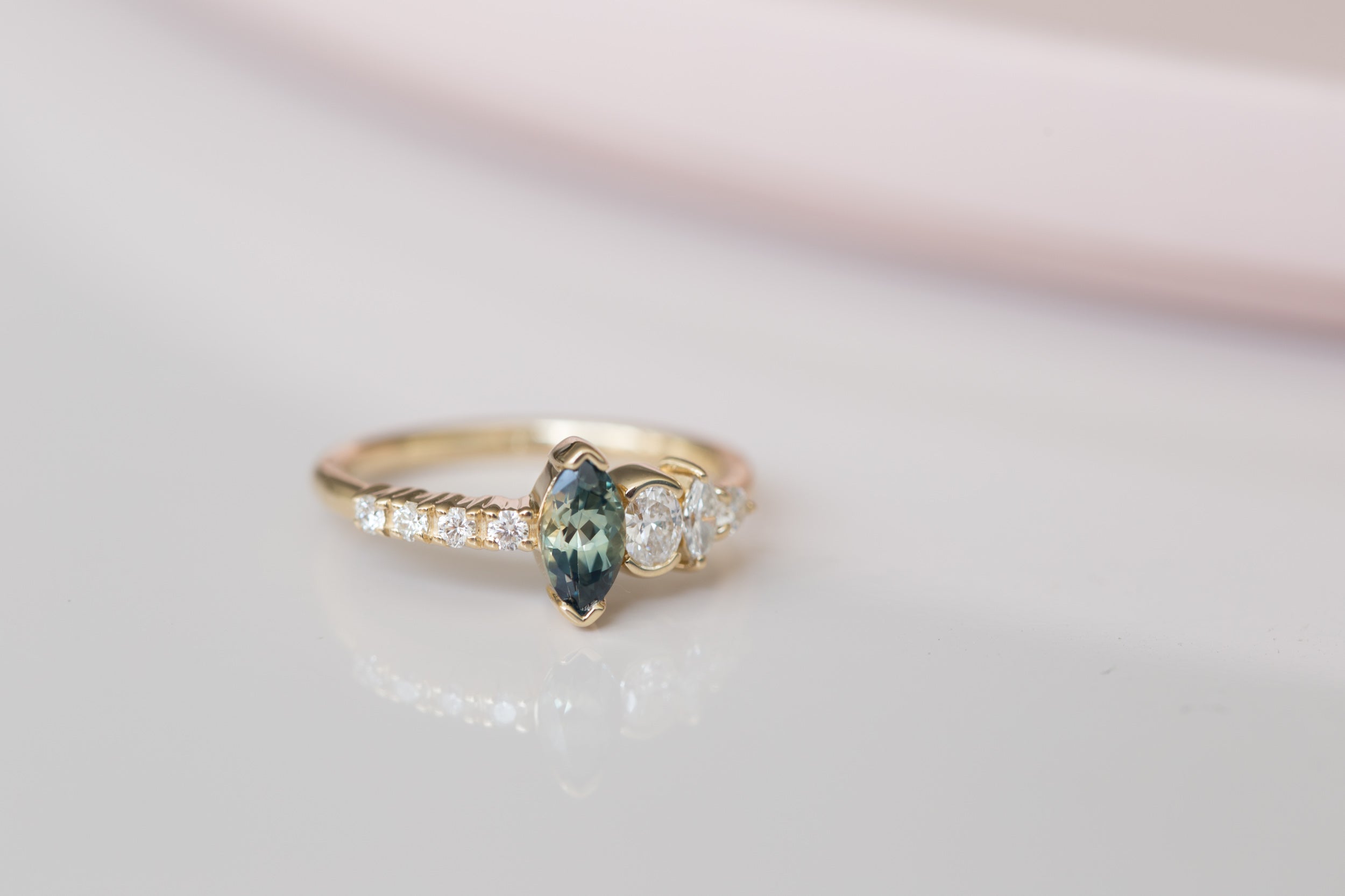 Marquise Bicolor Montana Sapphire + Asymmetrical Diamond Ring | 14k Recycled Gold | One of a Kind