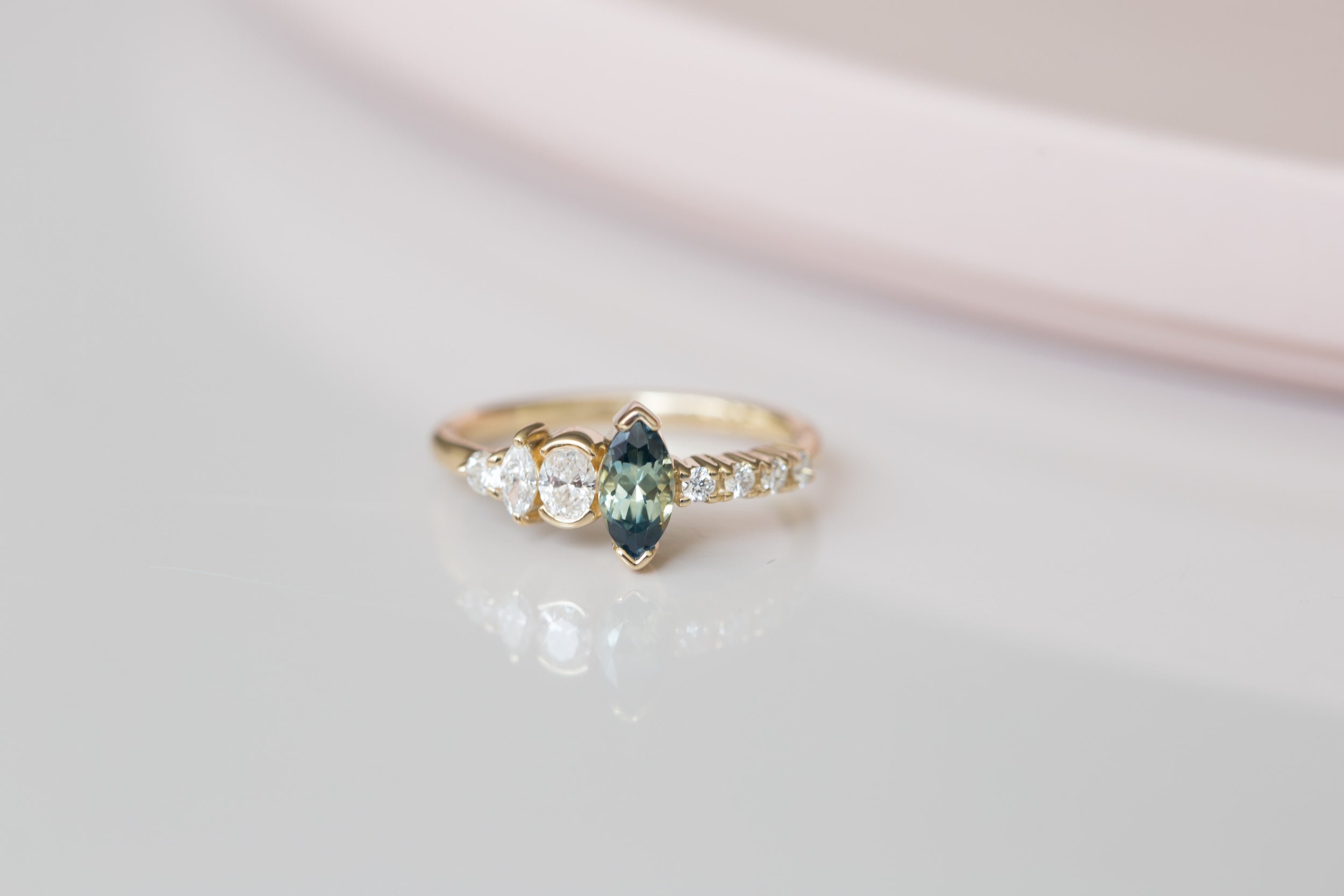 Marquise Bicolor Montana Sapphire + Asymmetrical Diamond Ring | 14k Recycled Gold | One of a Kind