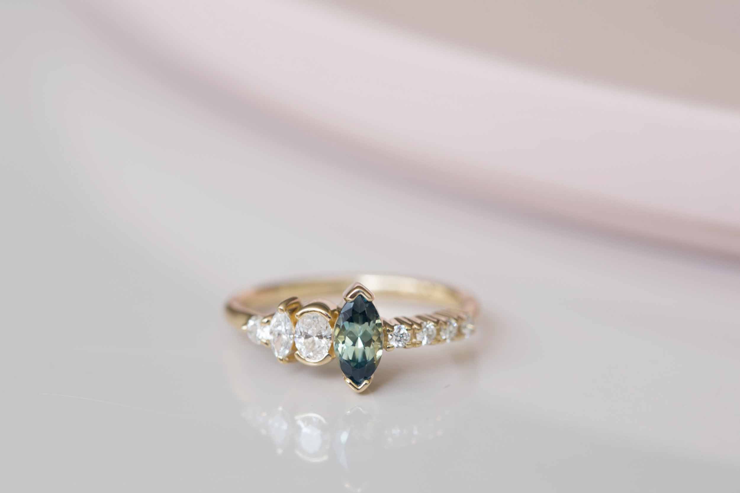 Marquise Bicolor Montana Sapphire + Asymmetrical Diamond Ring | 14k Recycled Gold | One of a Kind