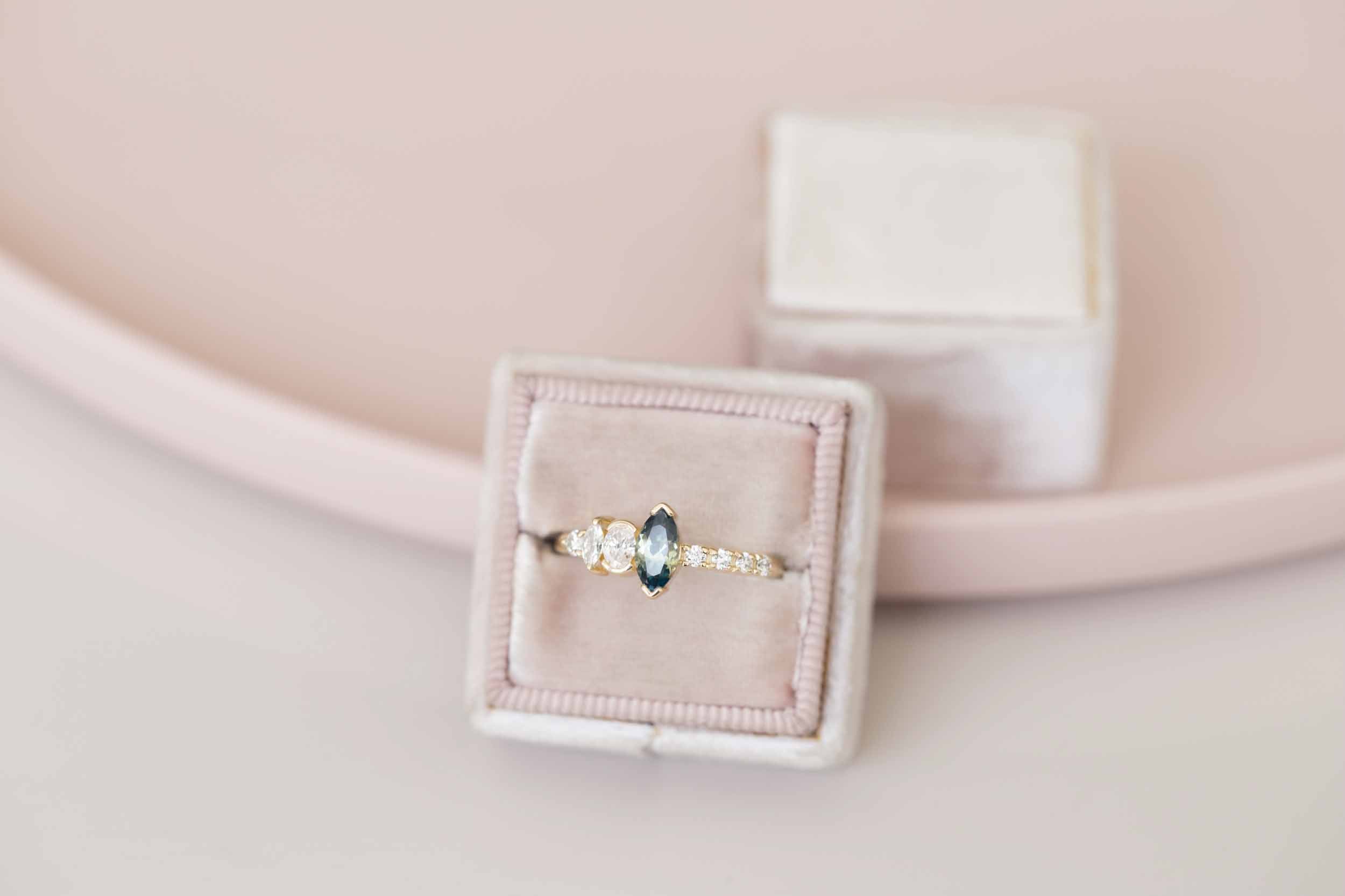 Marquise Bicolor Montana Sapphire + Asymmetrical Diamond Ring | 14k Recycled Gold | One of a Kind
