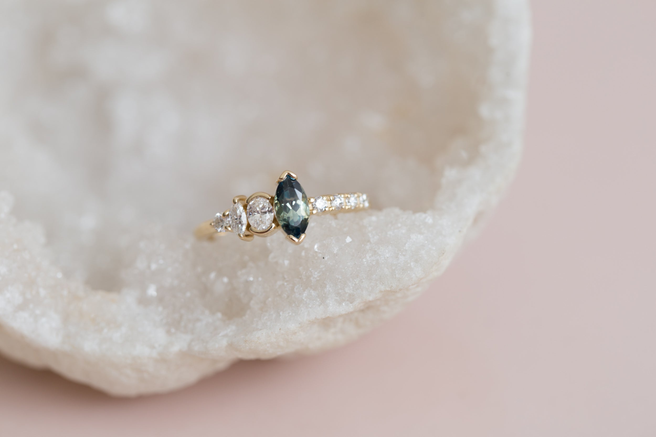 Marquise Bicolor Montana Sapphire + Asymmetrical Diamond Ring | 14k Recycled Gold | One of a Kind
