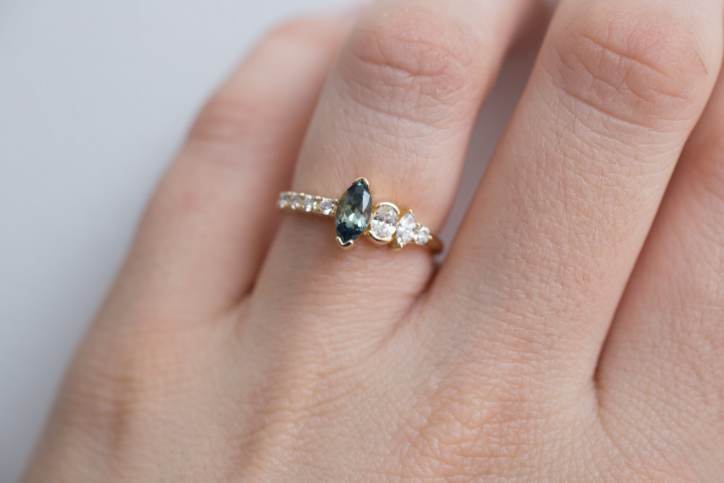 Marquise Bicolor Montana Sapphire + Asymmetrical Diamond Ring | 14k Recycled Gold | One of a Kind