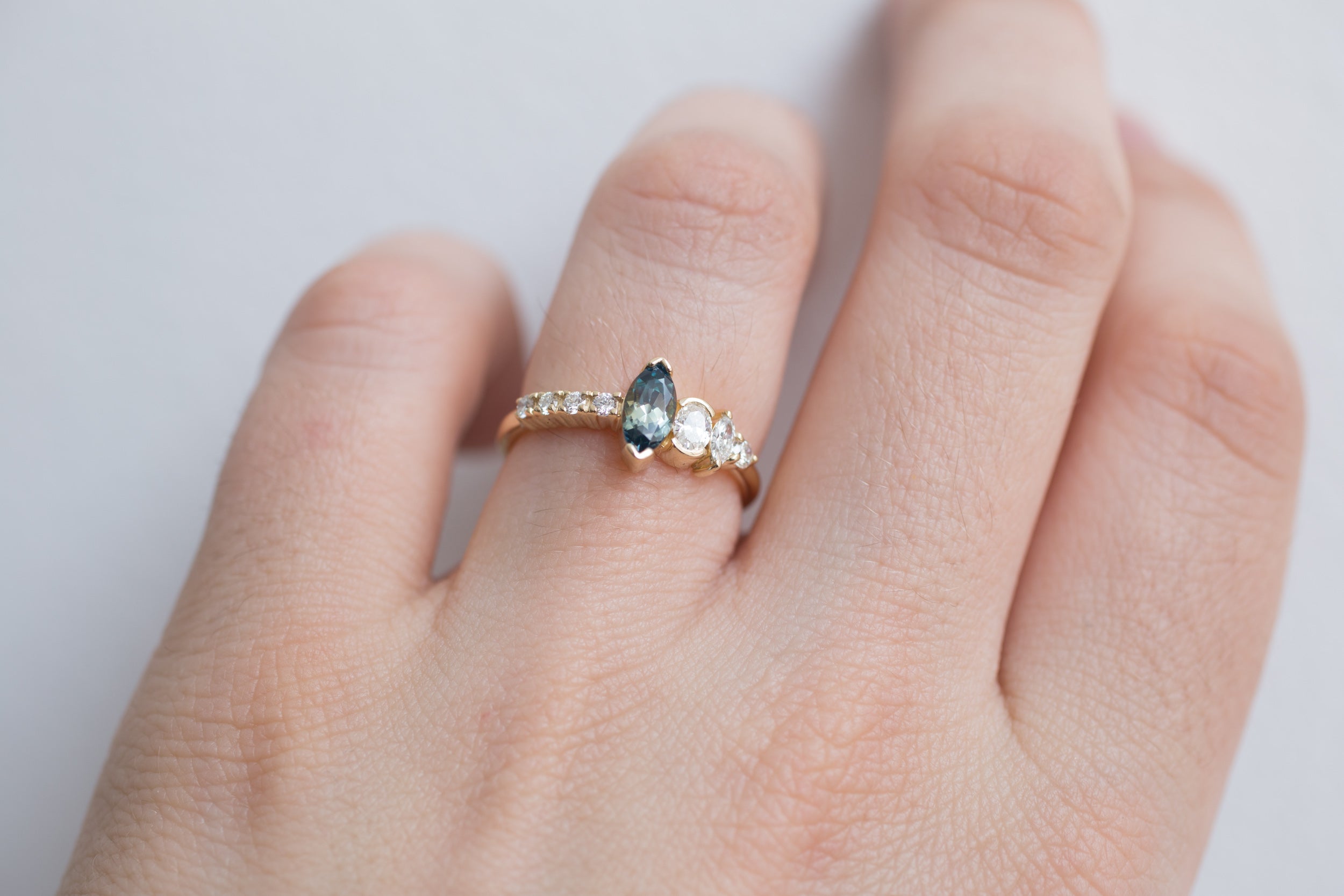Marquise Bicolor Montana Sapphire + Asymmetrical Diamond Ring | 14k Recycled Gold | One of a Kind
