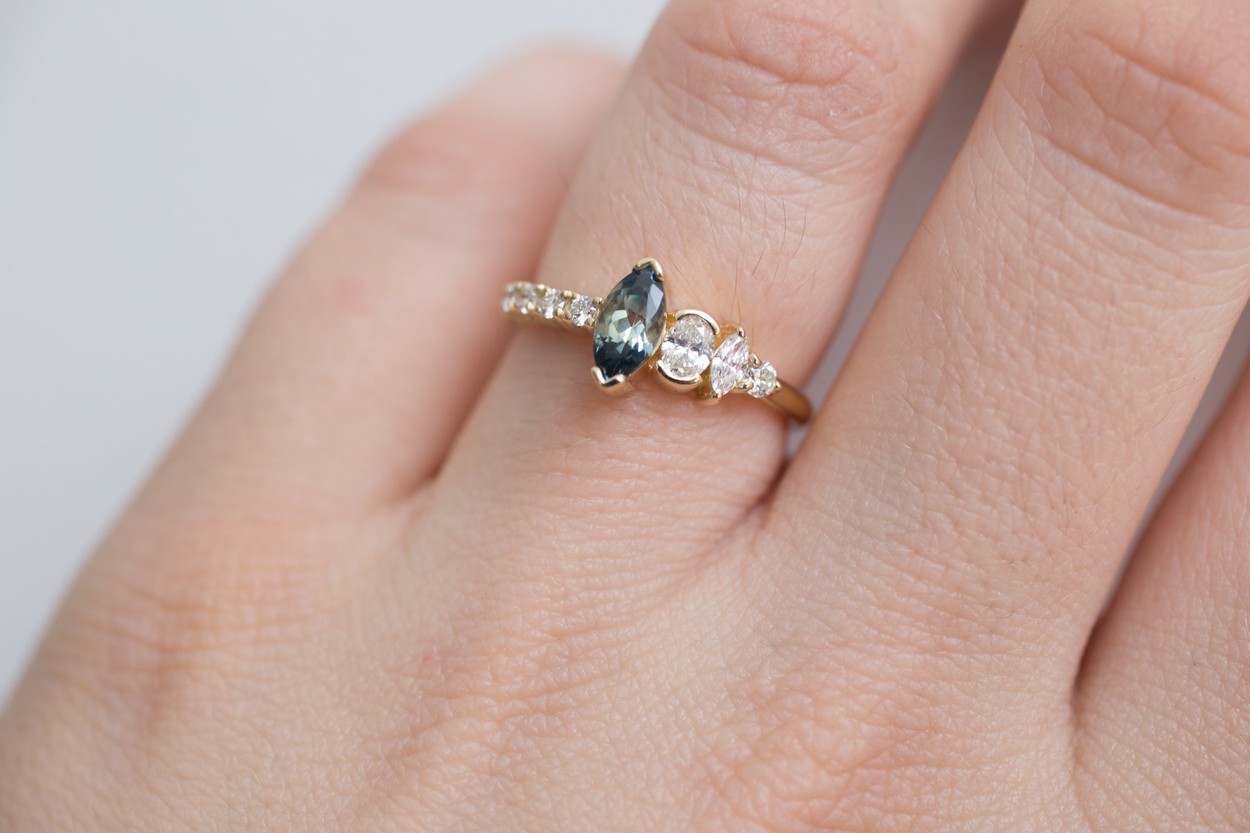Marquise Bicolor Montana Sapphire + Asymmetrical Diamond Ring | 14k Recycled Gold | One of a Kind