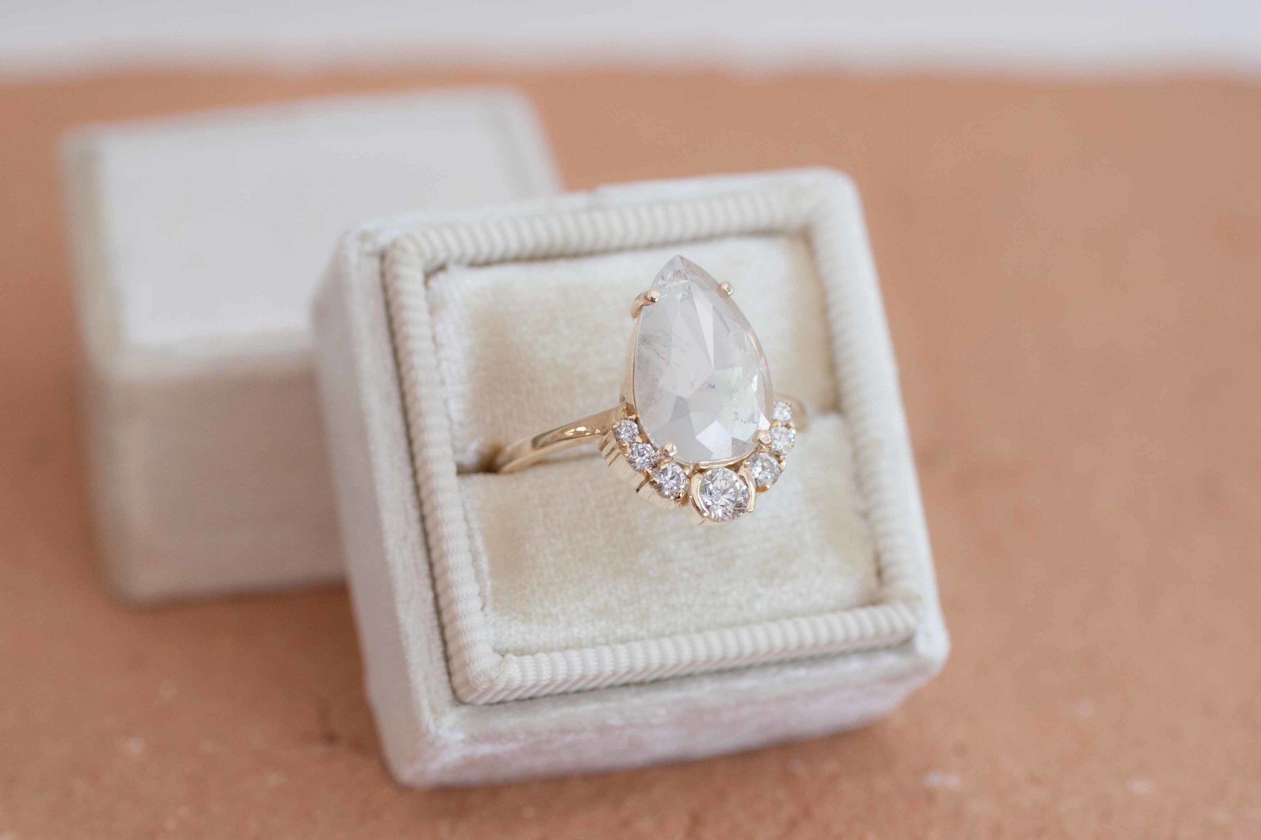 Opalescent Pear Rose Cut Diamond + Diamond Cluster Engagement Ring | 14k Recycled Gold | One of a Kind
