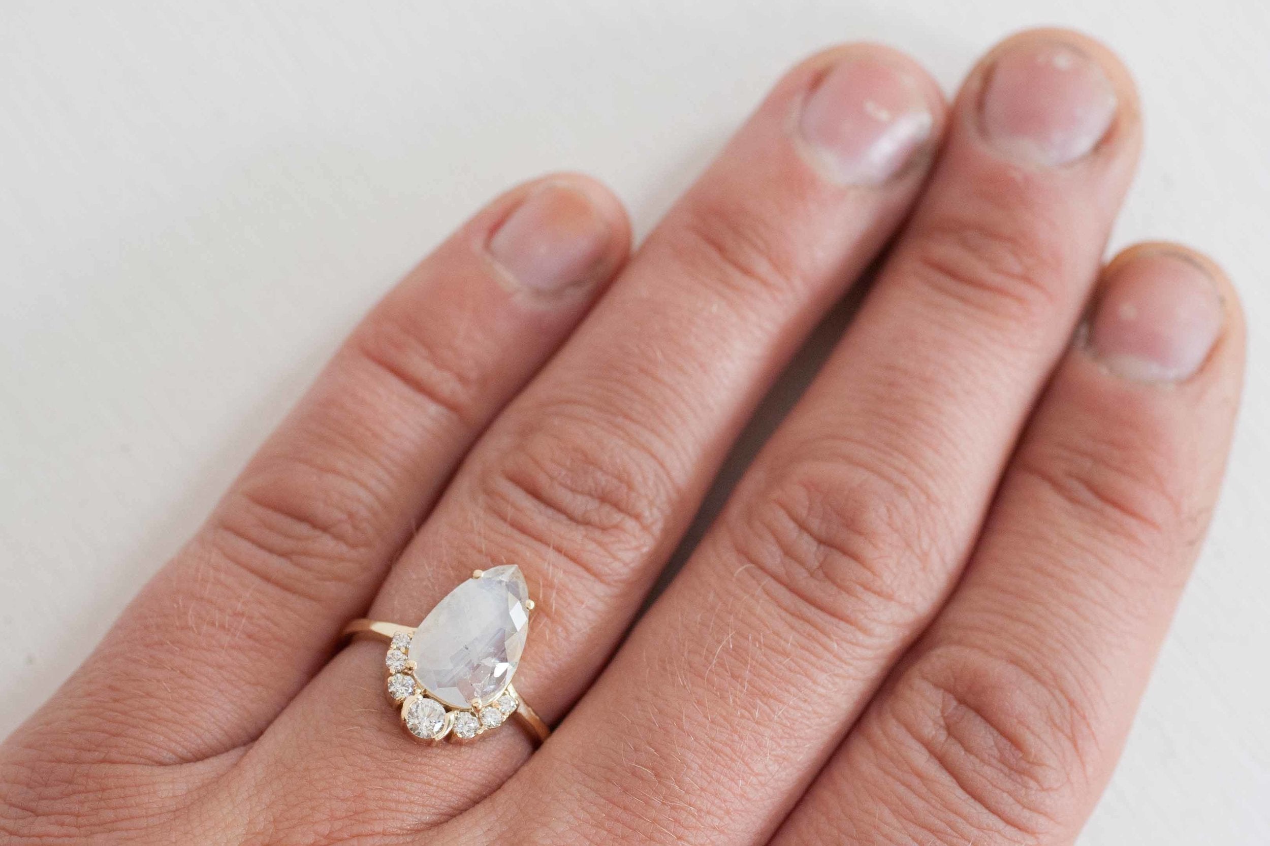 Opalescent Pear Rose Cut Diamond + Diamond Cluster Engagement Ring | 14k Recycled Gold | One of a Kind