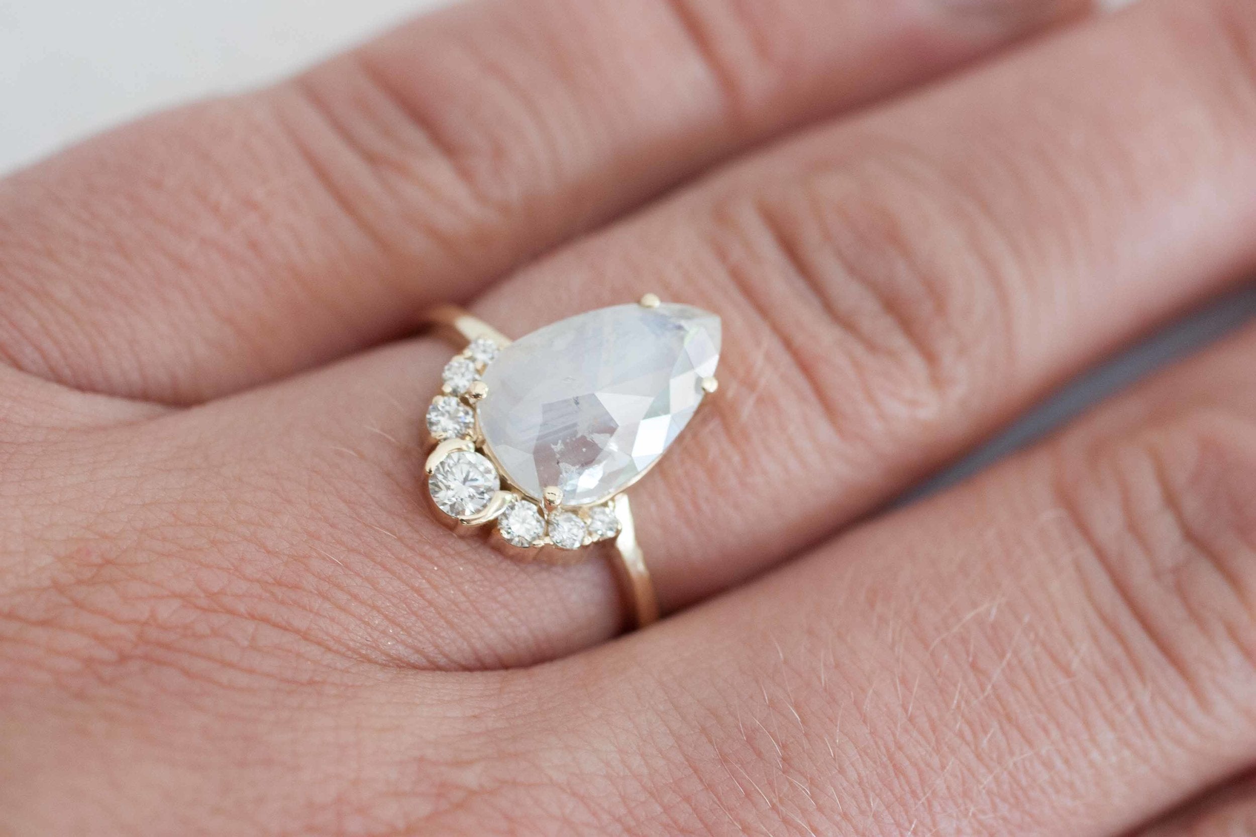 Opalescent Pear Rose Cut Diamond + Diamond Cluster Engagement Ring | 14k Recycled Gold | One of a Kind