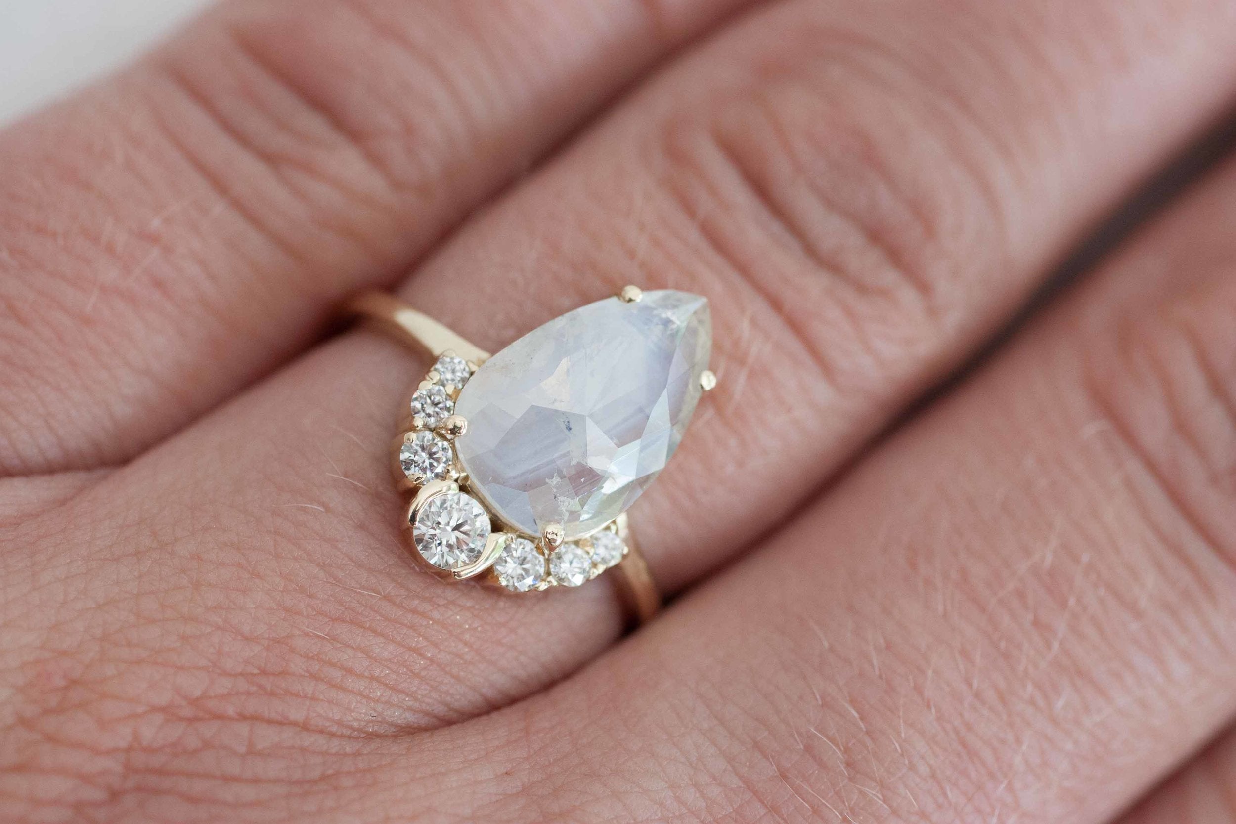 Opalescent Pear Rose Cut Diamond + Diamond Cluster Engagement Ring | 14k Recycled Gold | One of a Kind
