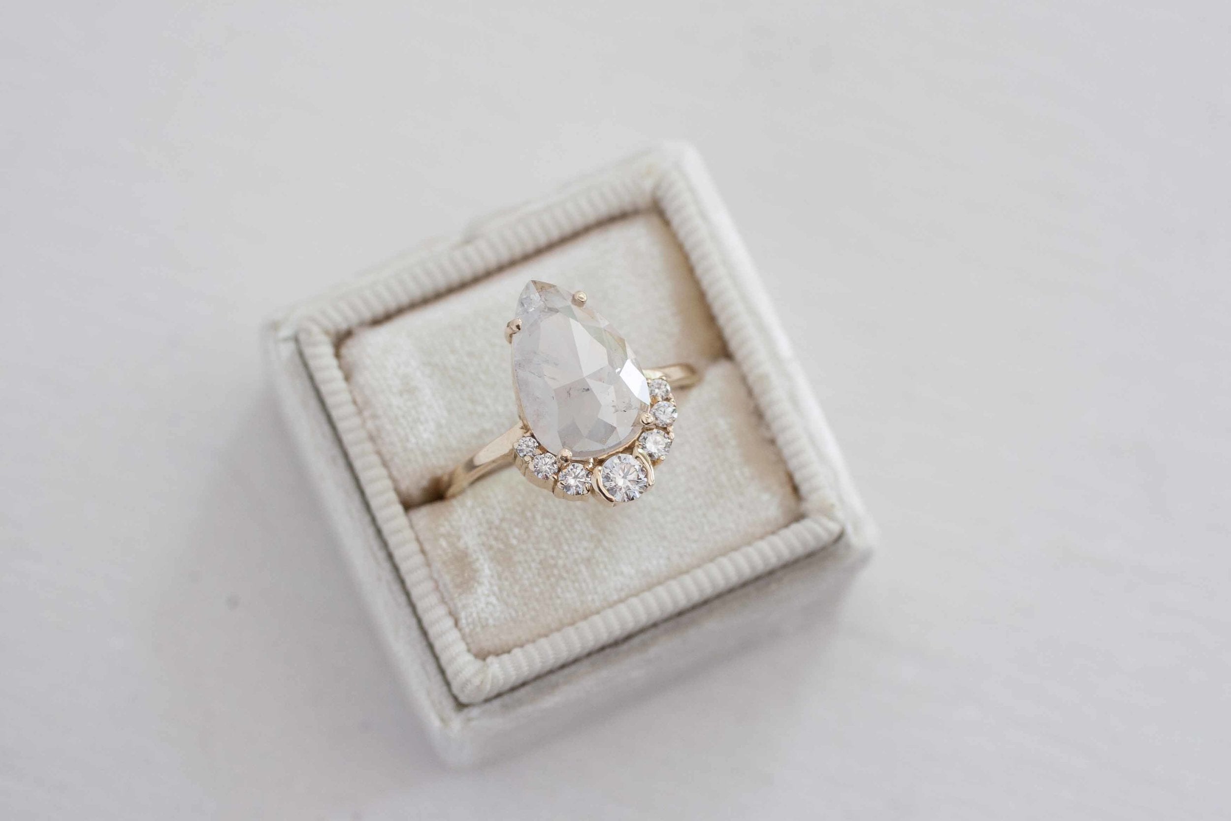 Opalescent Pear Rose Cut Diamond + Diamond Cluster Engagement Ring | 14k Recycled Gold | One of a Kind