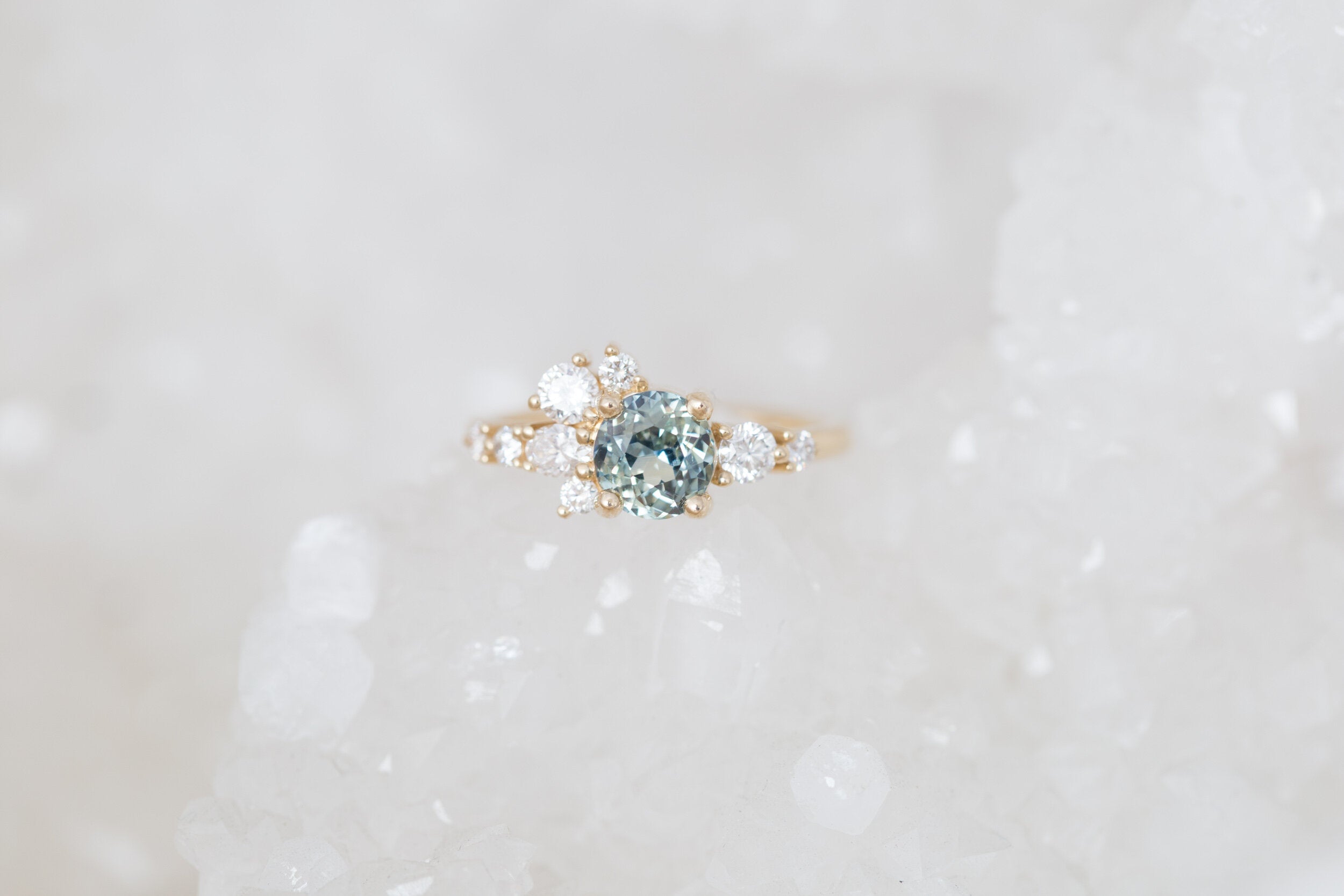 Ilia Ring | Blue Green Round Sapphire + Diamond Cluster Engagement Ring | 14k Recycled Gold | One of a Kind