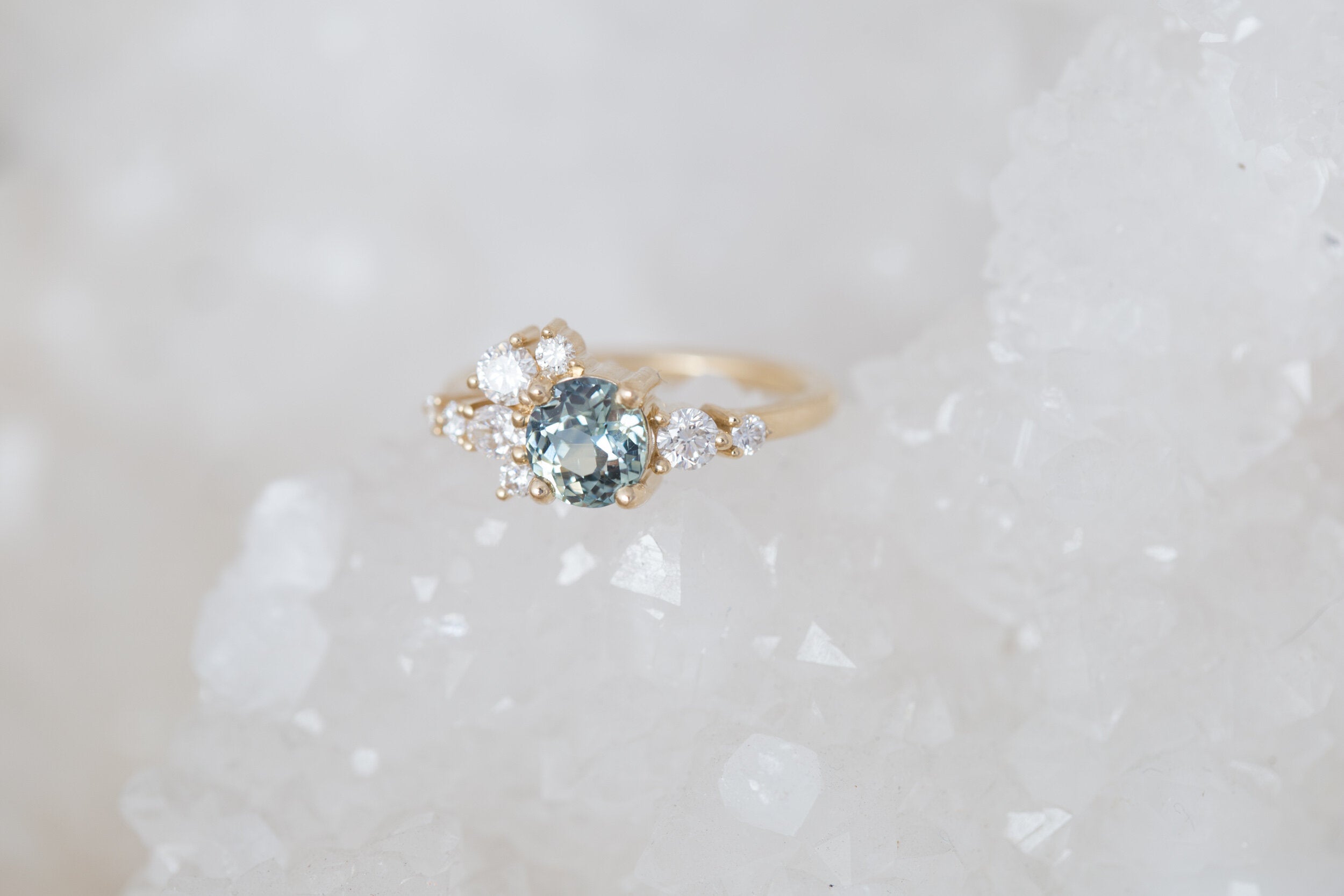 Ilia Ring | Blue Green Round Sapphire + Diamond Cluster Engagement Ring | 14k Recycled Gold | One of a Kind