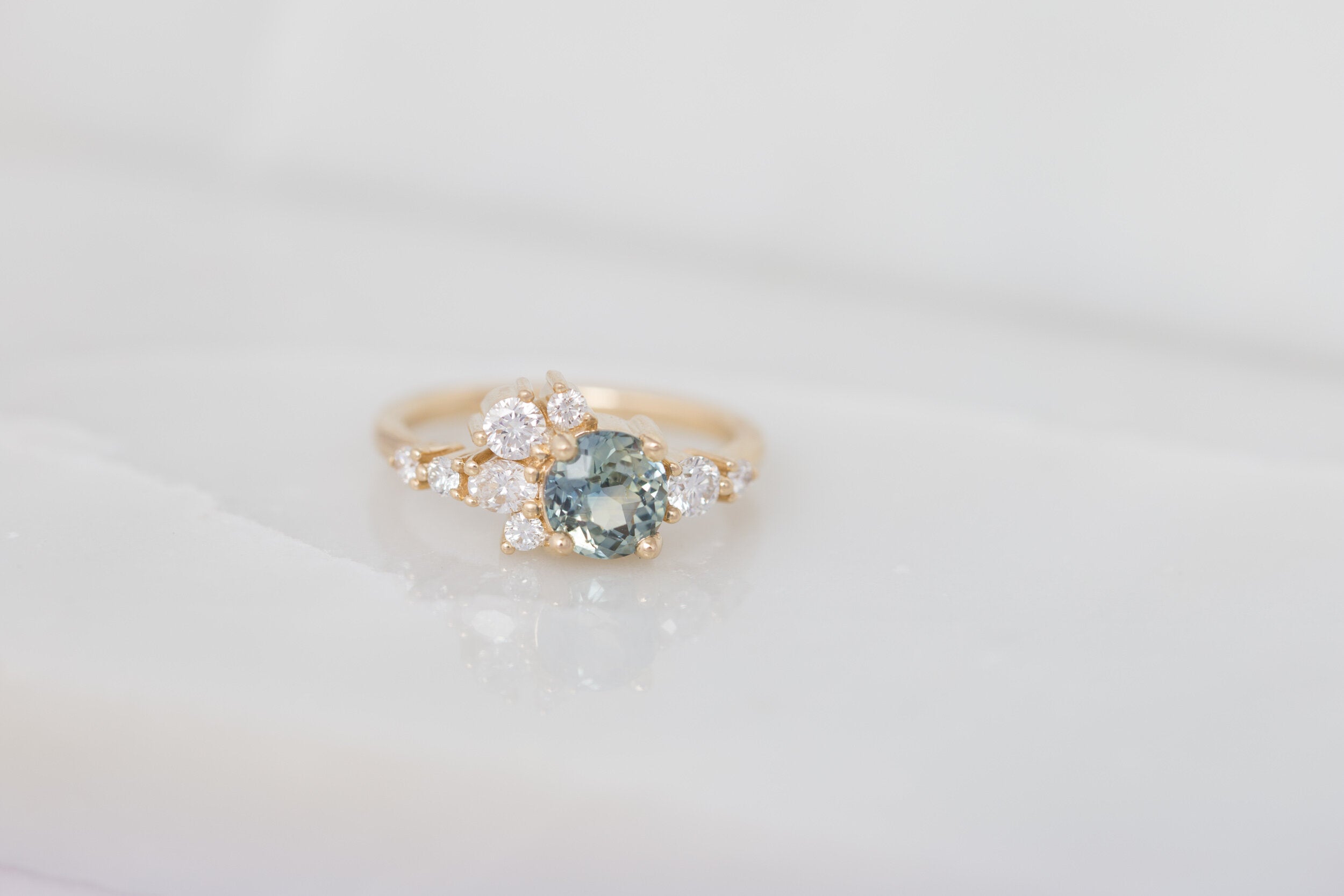 Ilia Ring | Blue Green Round Sapphire + Diamond Cluster Engagement Ring | 14k Recycled Gold | One of a Kind