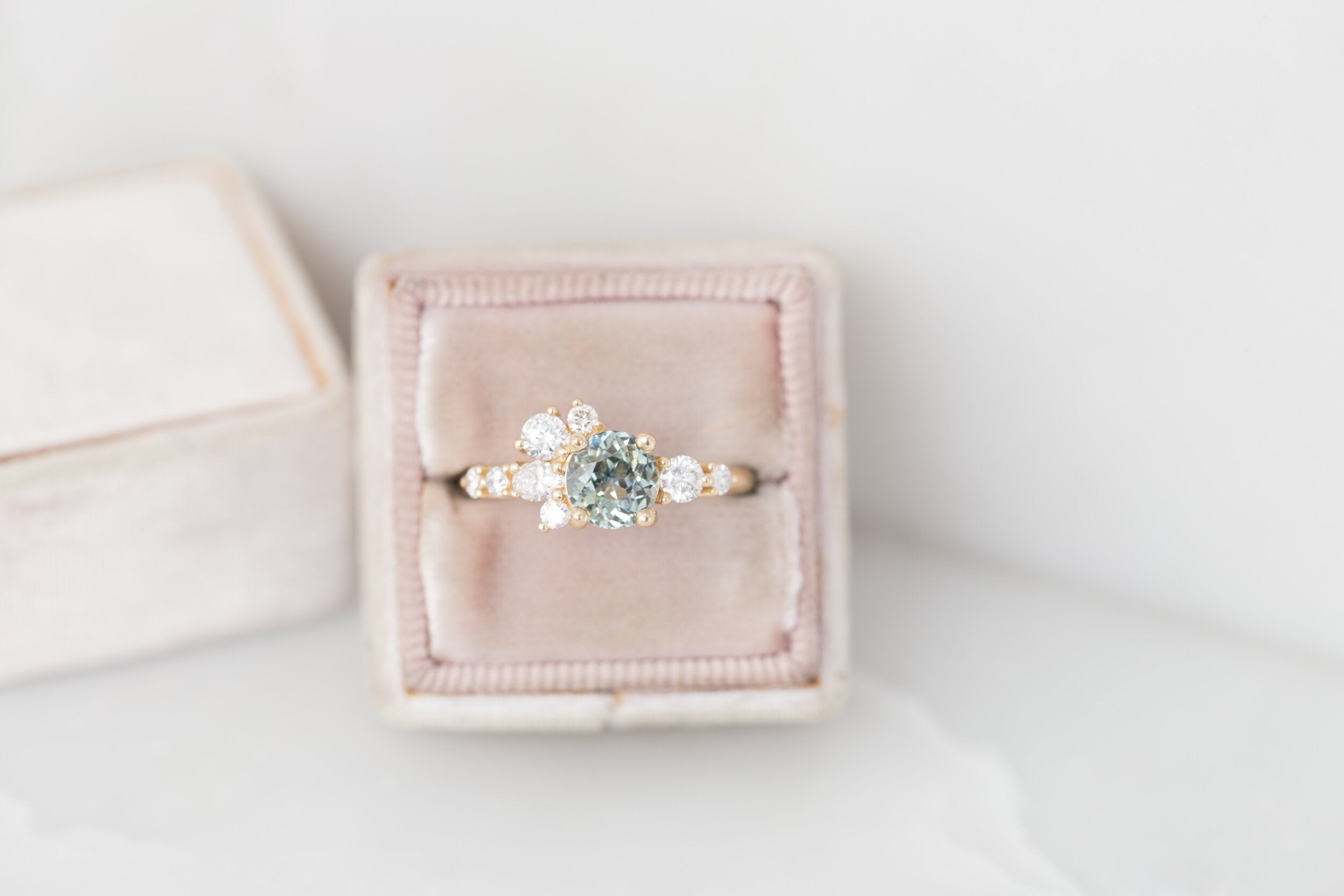 Ilia Ring | Blue Green Round Sapphire + Diamond Cluster Engagement Ring | 14k Recycled Gold | One of a Kind